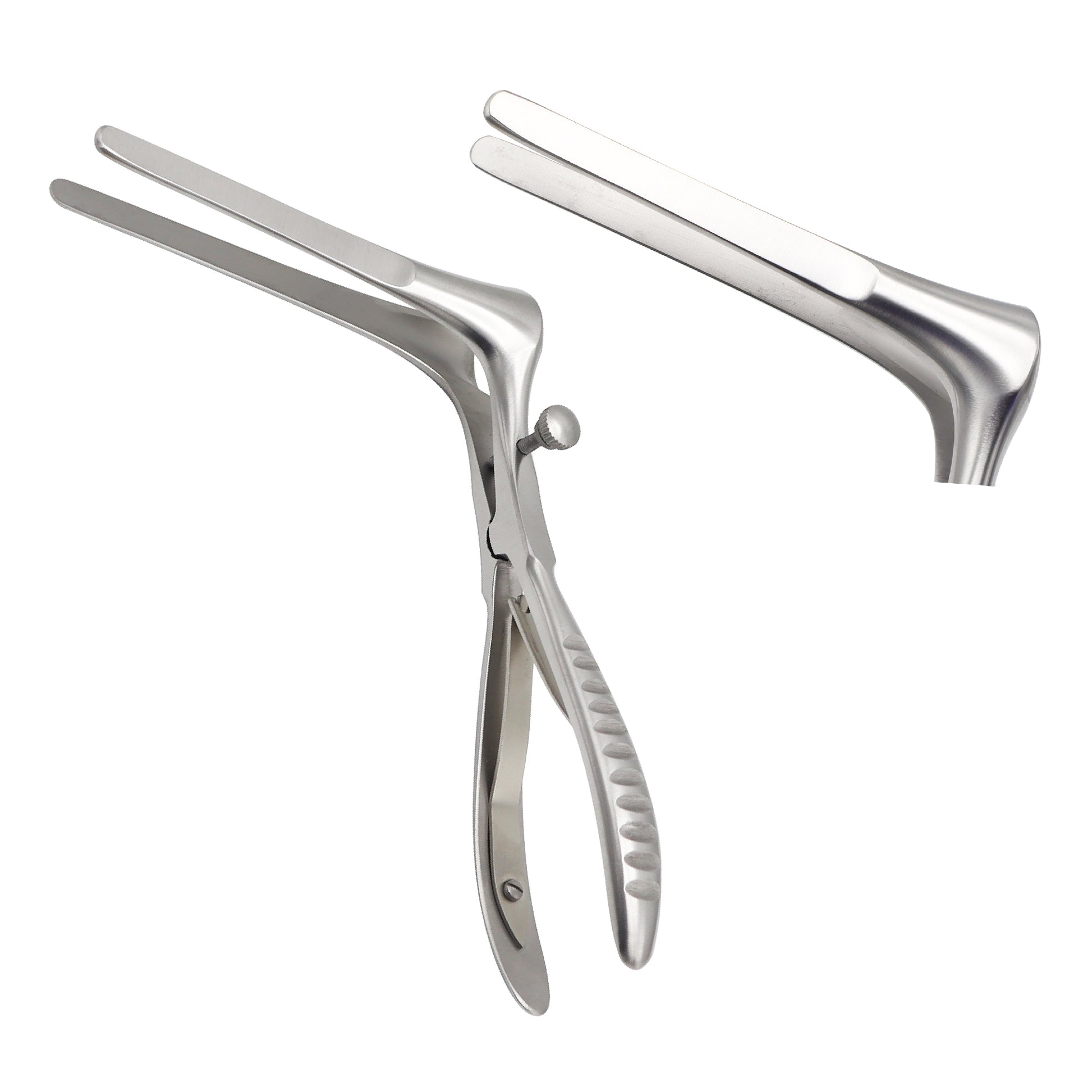 Stainless steel Killian nasal speculum with long tapered blades and a thumb screw lock, shown from two different angles against a white background.