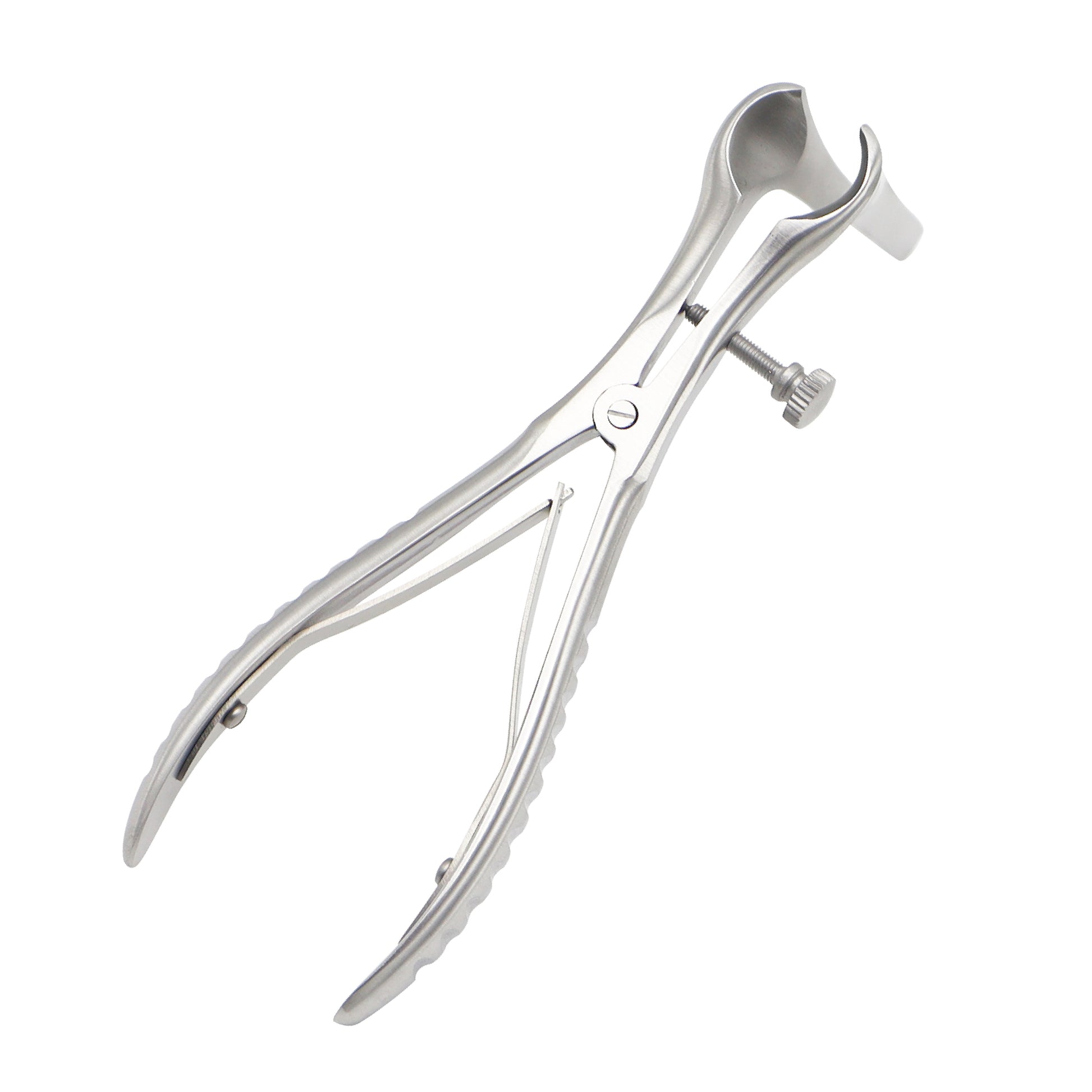 Stainless steel Killian nasal speculum instrument with a manual set screw lock and spring-action handles, shown isolated on a white background.