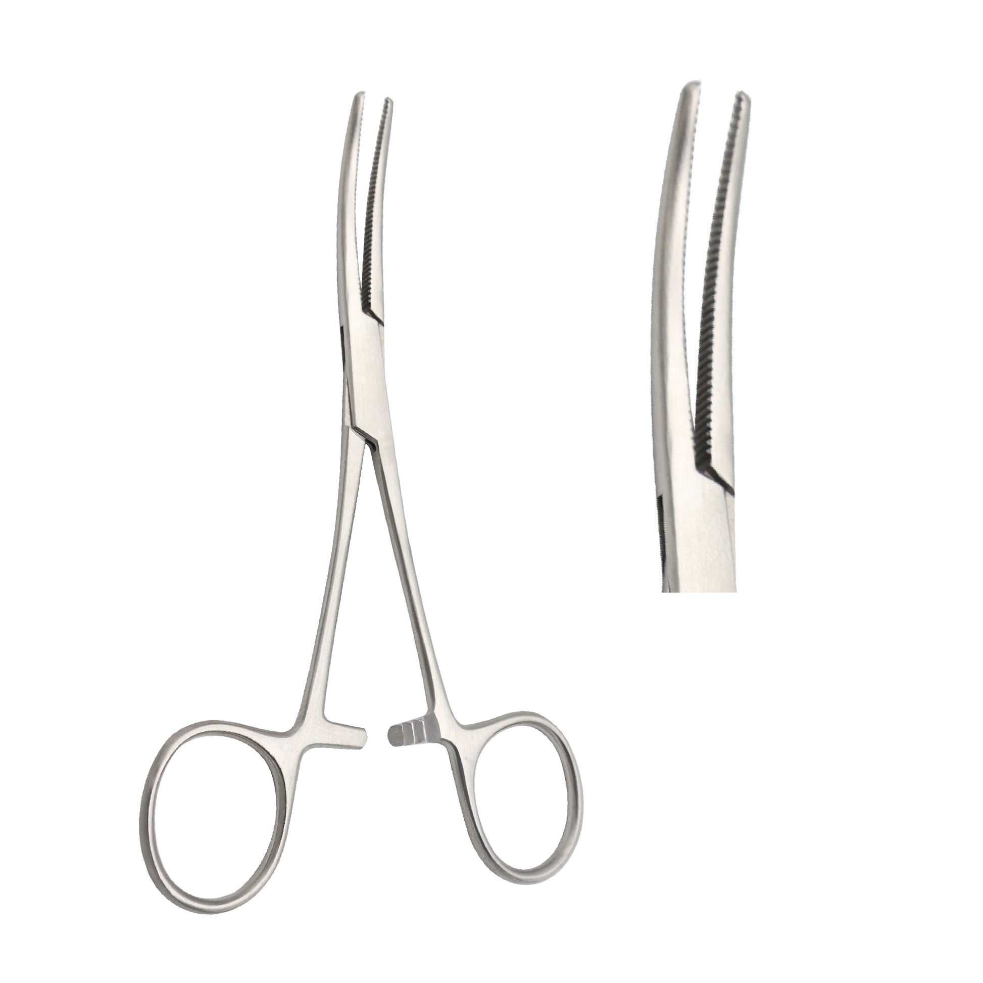 Curved Kocher artery forceps with 1x2 interlocking teeth at the tips and transverse serrated jaws, featuring a ratchet locking handle for surgical hemostasis.