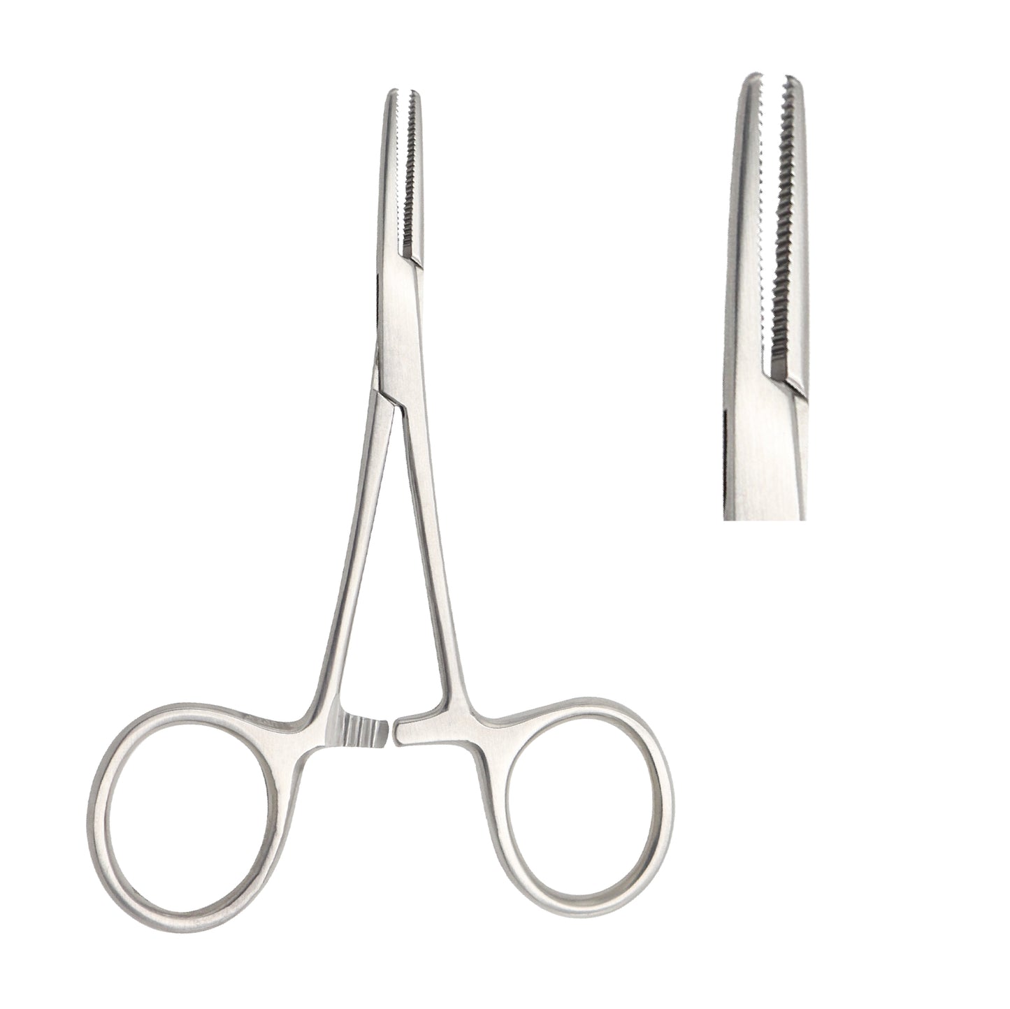 Straight Kocher hemostatic artery forceps made of stainless steel, featuring interlocking 1x2 teeth at the tips, transverse jaw serrations, and a locking ratchet handle for secure tissue clamping.