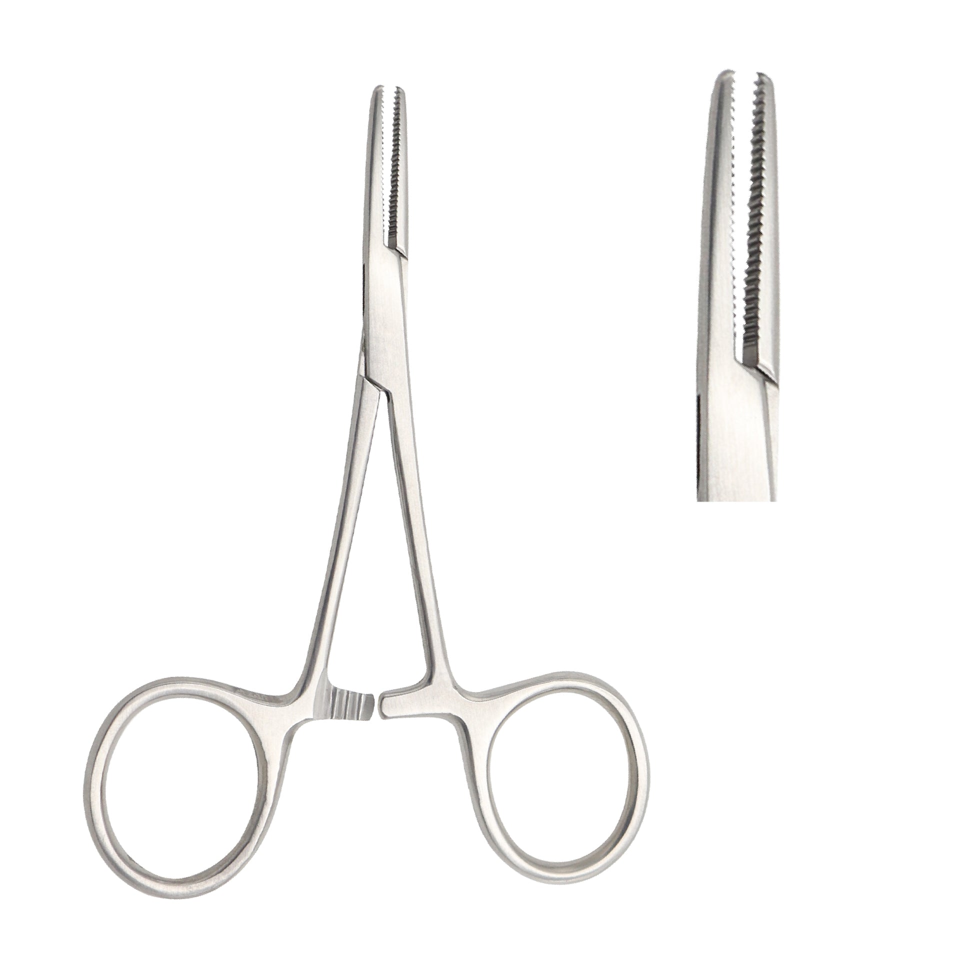 Straight Kocher hemostatic artery forceps made of stainless steel, featuring interlocking 1x2 teeth at the tips, transverse jaw serrations, and a locking ratchet handle for secure tissue clamping.