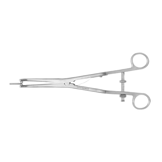 Stainless steel Kogan endocervical speculum gynecological tool with integrated measuring scale, adjustment set screw, and angled shanks on a solid white background.