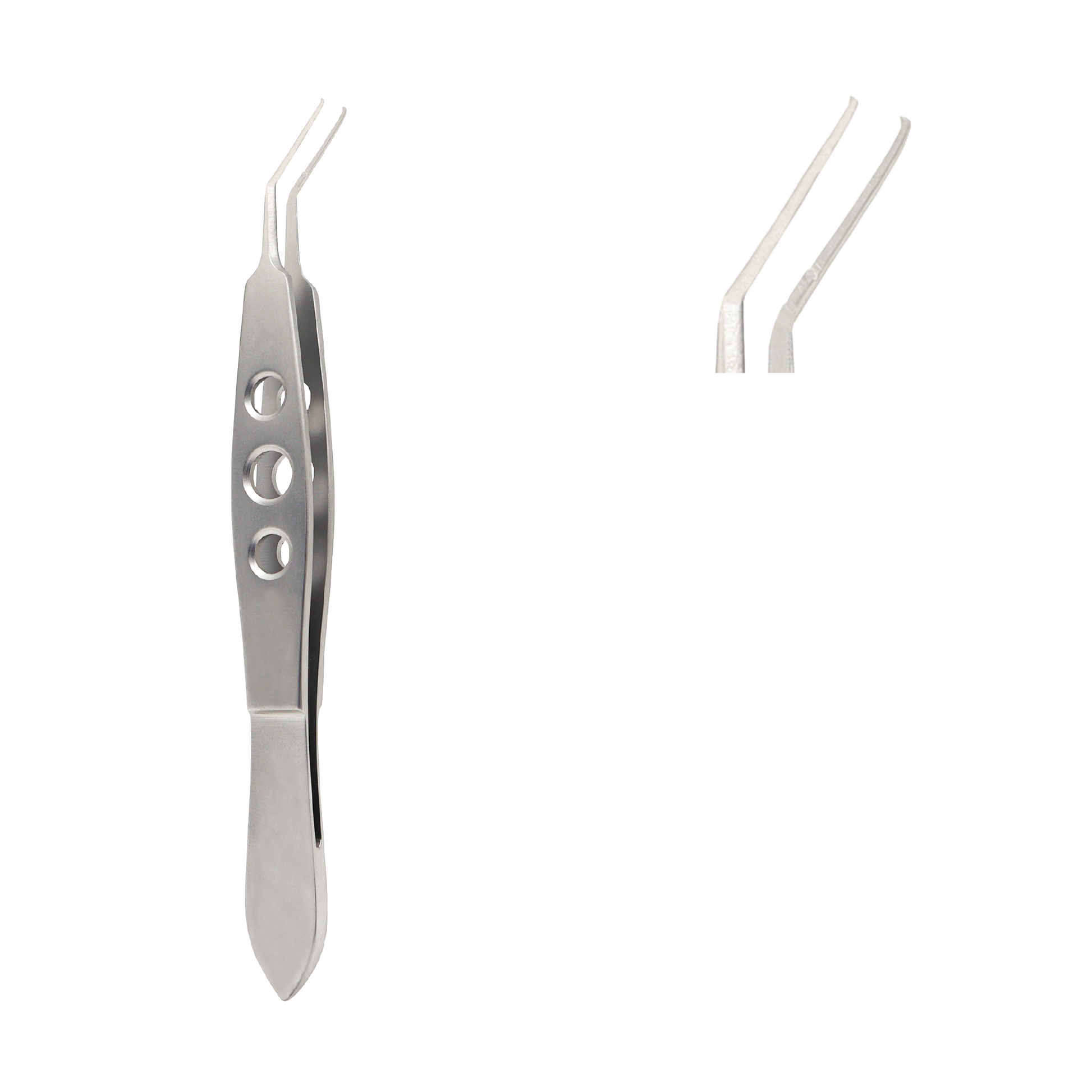 Kraff Capsule Tag Forceps, a stainless steel ophthalmic surgical instrument with angled tips and a perforated handle.