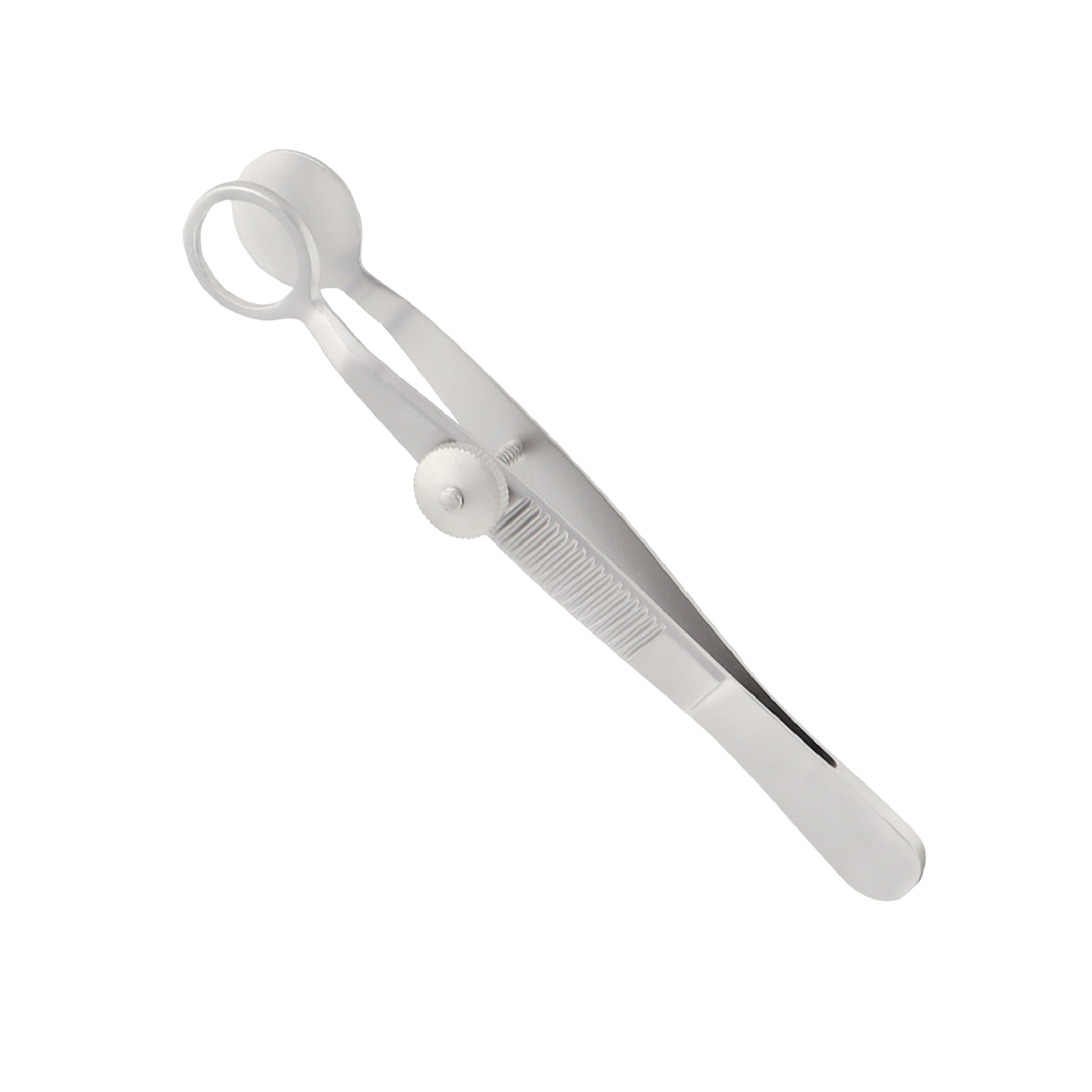 A stainless steel Lambert chalazion forceps with a circular open tip and a screw-locking mechanism for ophthalmic surgery.