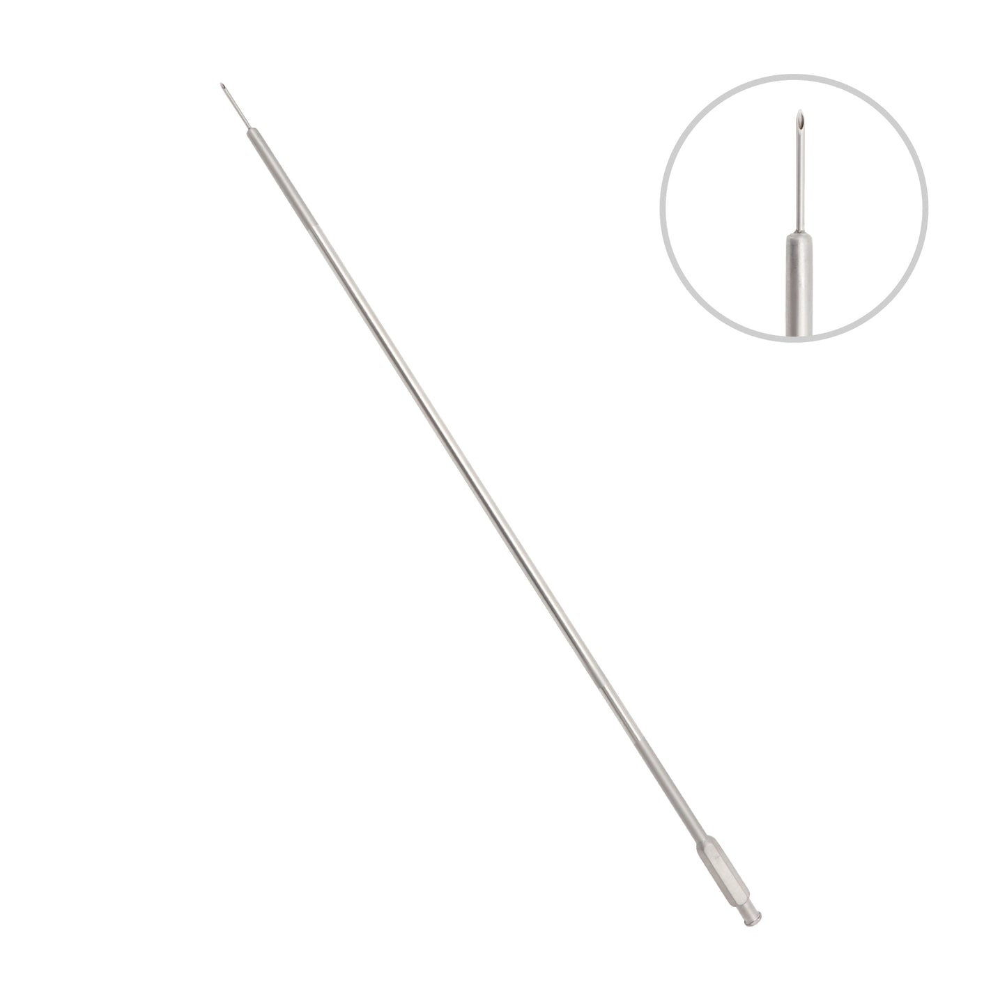Laparoscopic aspiration needle surgical instrument with a luer-lock hub and a magnified inset circle showing the sharp, beveled distal tip against a white background.