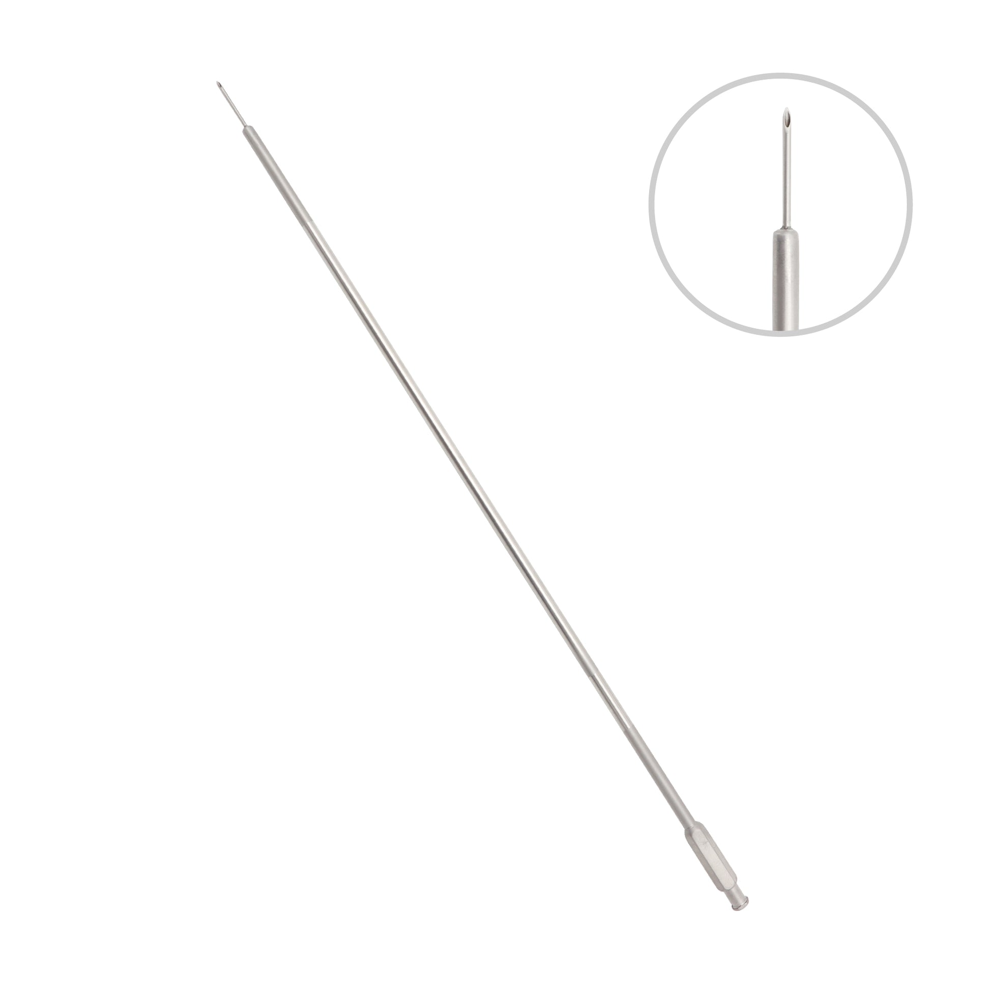 Laparoscopic aspiration needle surgical instrument with a luer-lock hub and a magnified inset circle showing the sharp, beveled distal tip against a white background.