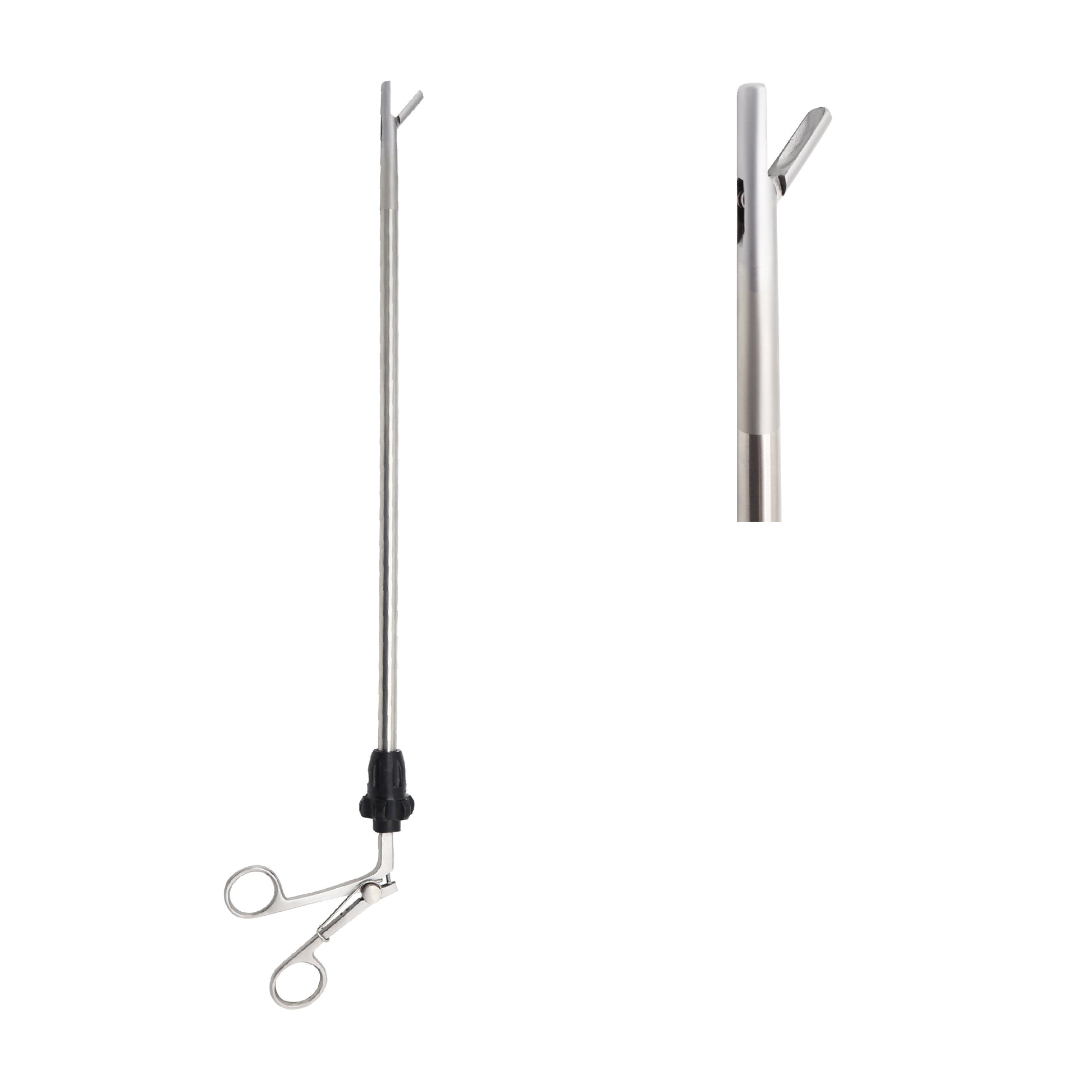 Laparoscopic Babcock grasping forceps instrument with an insulated shaft, manual scissor handle, and a close-up of the flared fenestrated jaws.