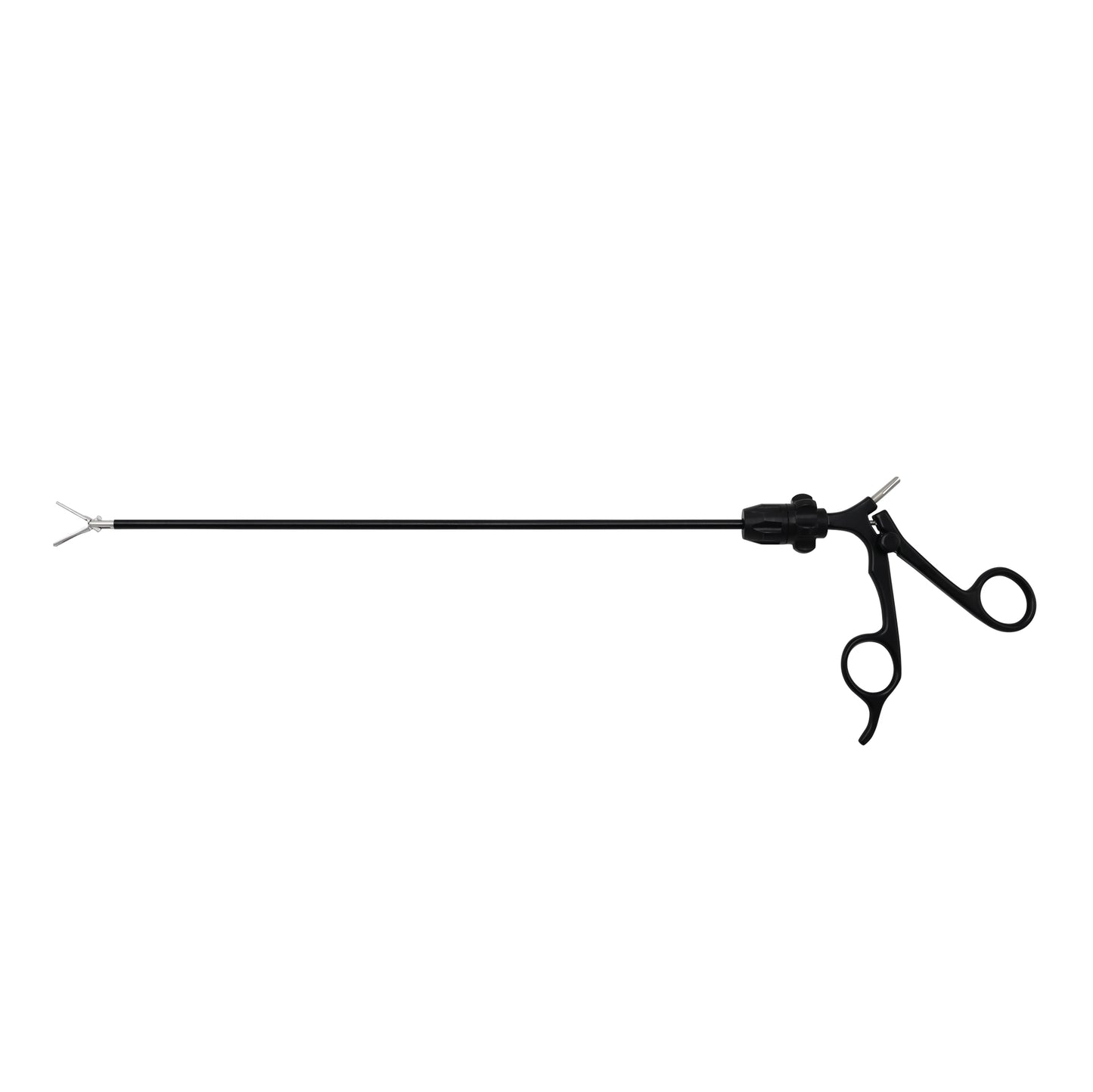 Reusable laparoscopic grasping forceps with a 5mm insulated shaft and a ratcheted scissor handle on a white background.