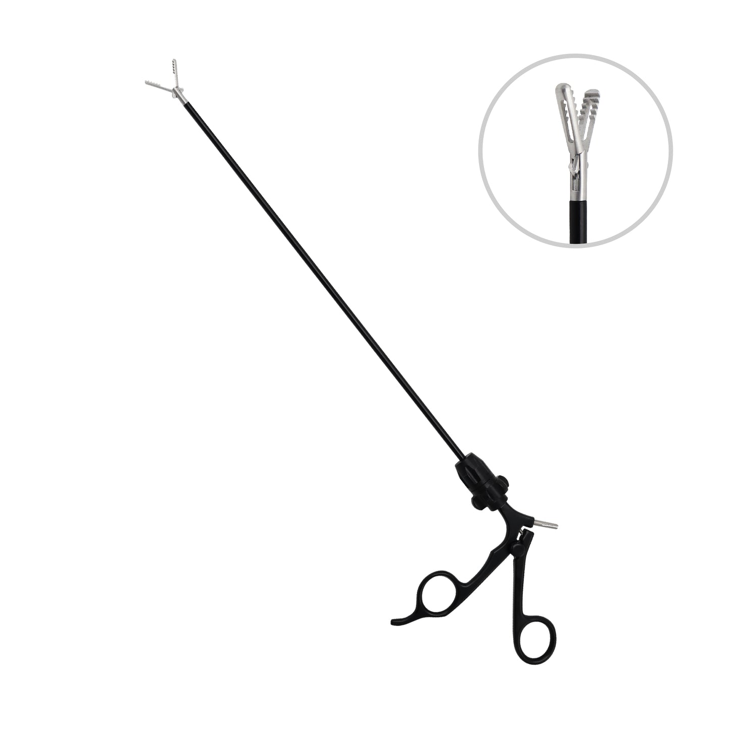 Laparoscopic surgical grasping forceps showing the complete instrument assembly alongside a detailed magnification of the dual-action traumatic jaw configuration.
