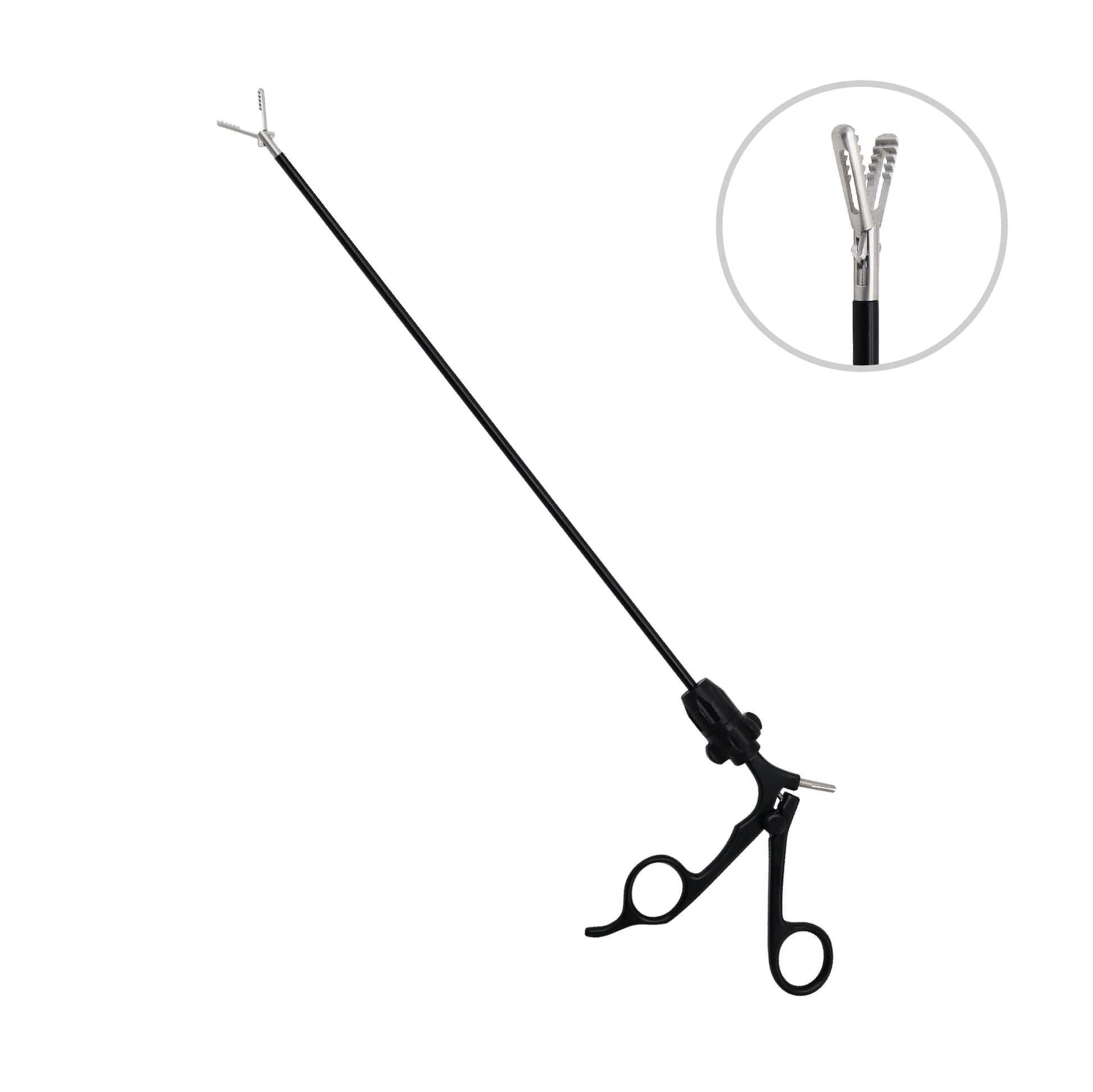 Laparoscopic surgical grasping forceps showing the complete instrument assembly alongside a detailed magnification of the dual-action traumatic jaw configuration.