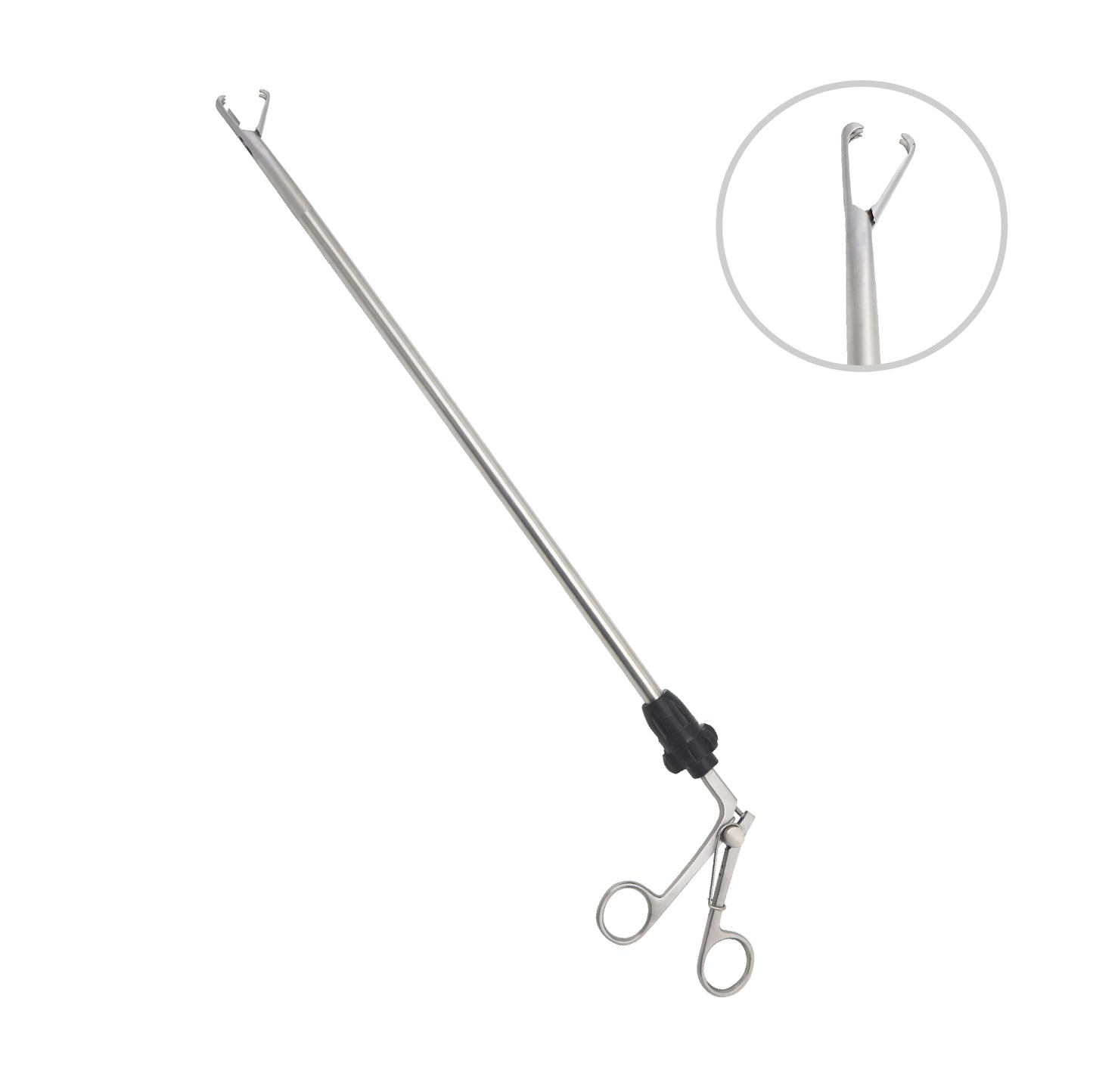 Stainless steel laparoscopic spoon forceps medical surgical instrument with scissor-style handle and an inset detail view of the open tip jaws on a solid white background.