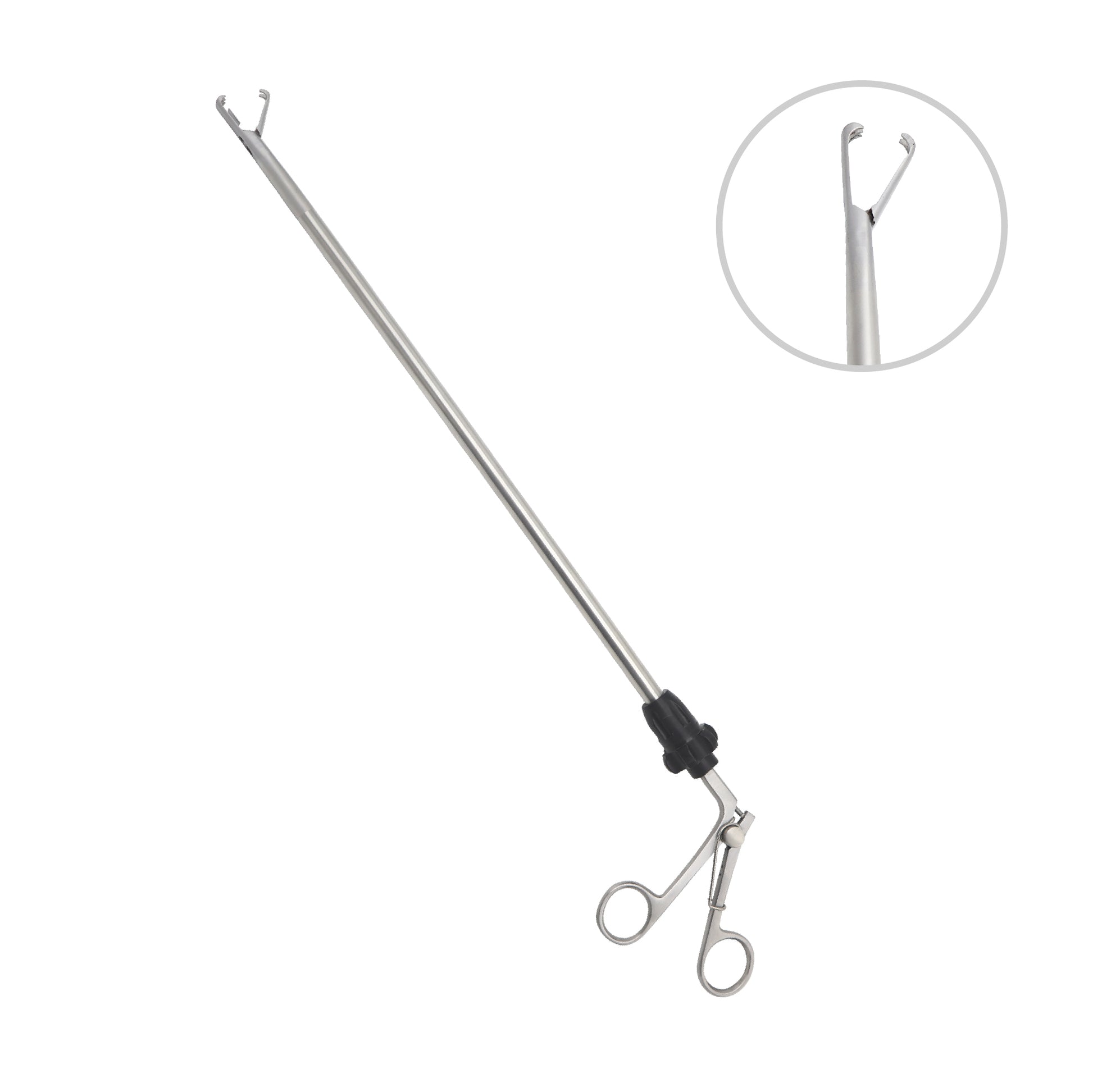 Stainless steel laparoscopic spoon forceps medical surgical instrument with scissor-style handle and an inset detail view of the open tip jaws on a solid white background.
