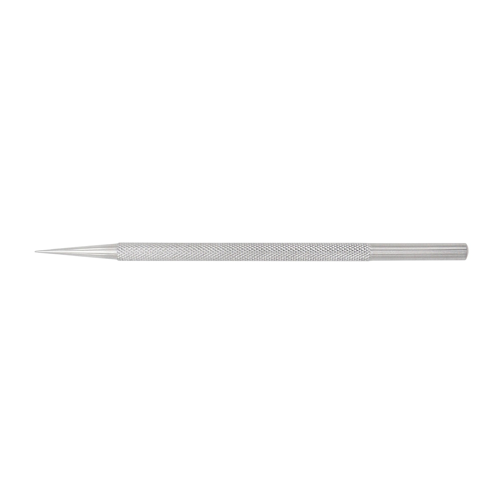 A stainless steel leather scriber and positioning marking pen featuring a tapered precision steel point and a fully knurled, non-slip silver handle on a solid white background.
