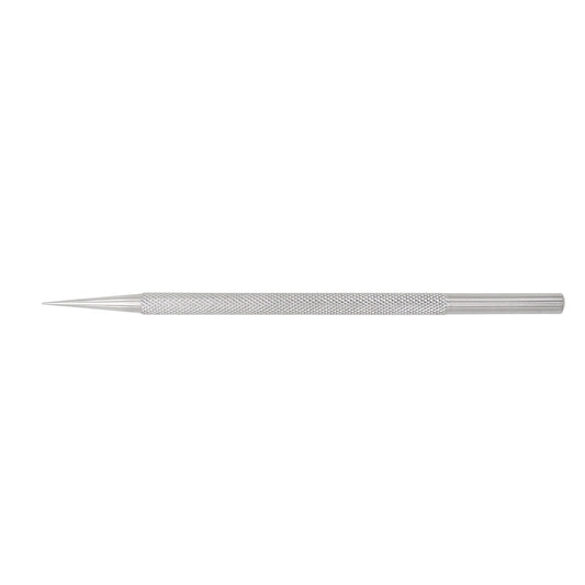 A stainless steel leather scriber and positioning marking pen featuring a tapered precision steel point and a fully knurled, non-slip silver handle on a solid white background.