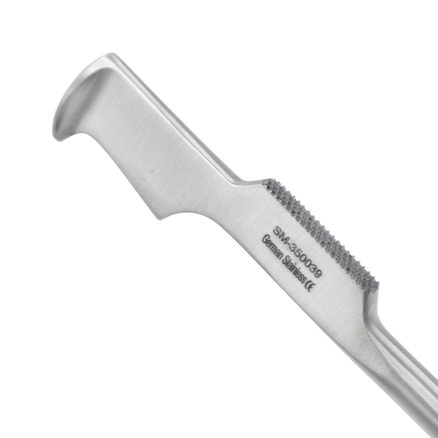 Close-up of a Lebsche Sternal Chisel made of German stainless steel, showing its distinct hook-shaped cutting blade and laser engraving on a white background.