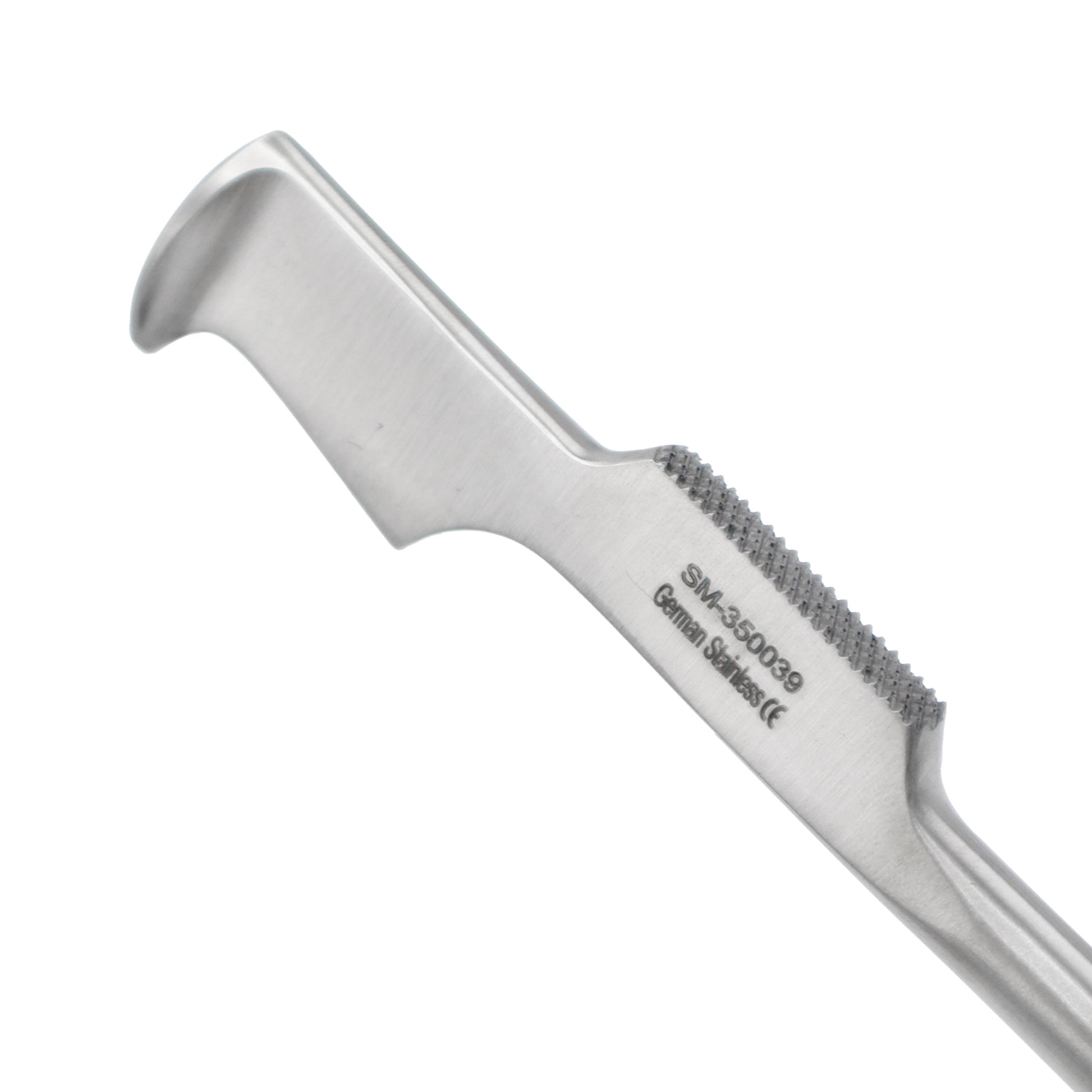 Close-up of a Lebsche Sternal Chisel made of German stainless steel, showing its distinct hook-shaped cutting blade and laser engraving on a white background.