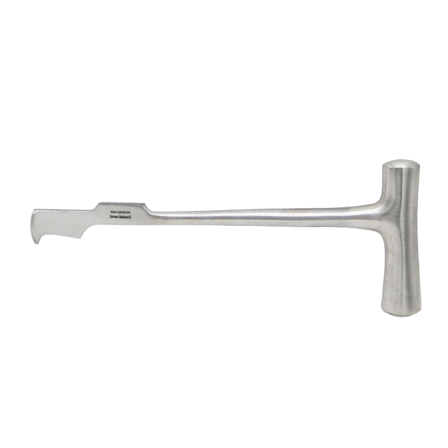Lebsche sternum chisel and surgical bone knife with a solid T-shaped metal handle on a isolated white background.