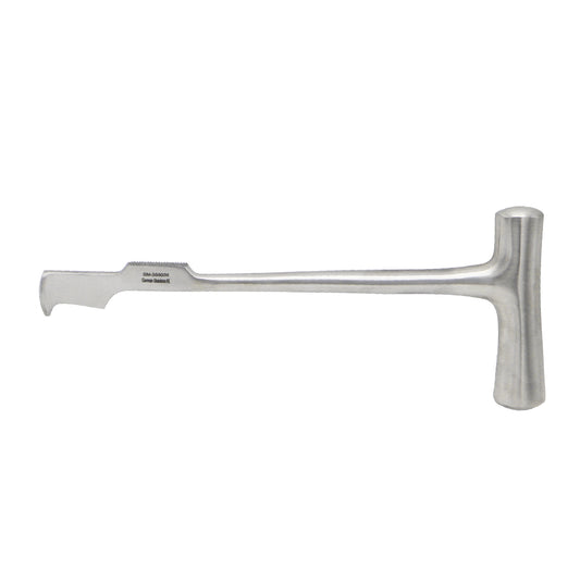 Lebsche sternum chisel and surgical bone knife with a solid T-shaped metal handle on a isolated white background.