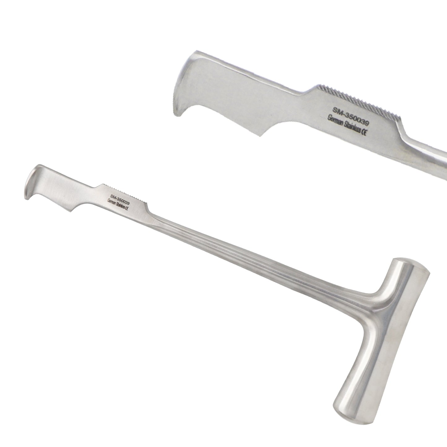 Two stainless steel Lebsche sternum knives with T-handles on a plain white background