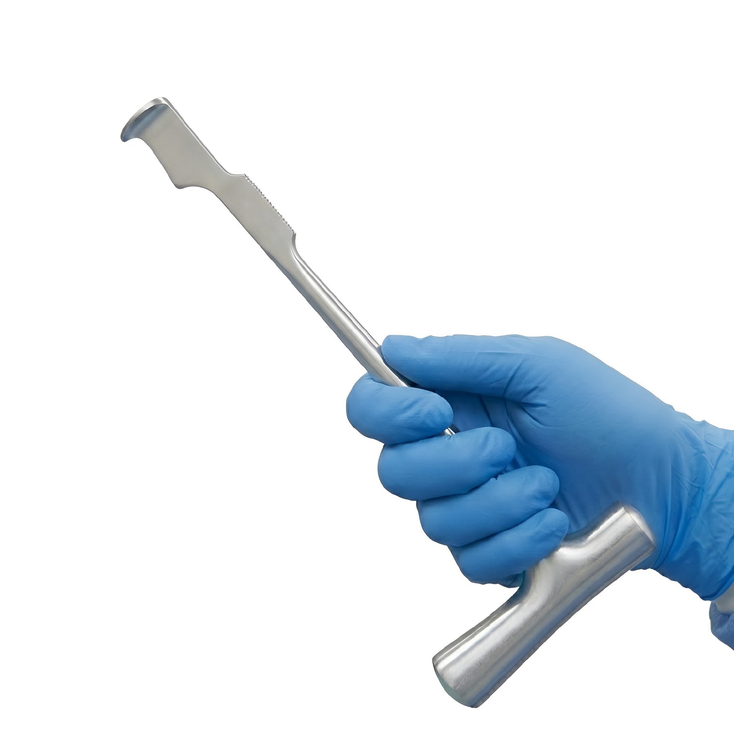 Stainless steel Lebsche sternum knife with a T-handle being held by a hand in a blue medical glove against a clean white background.