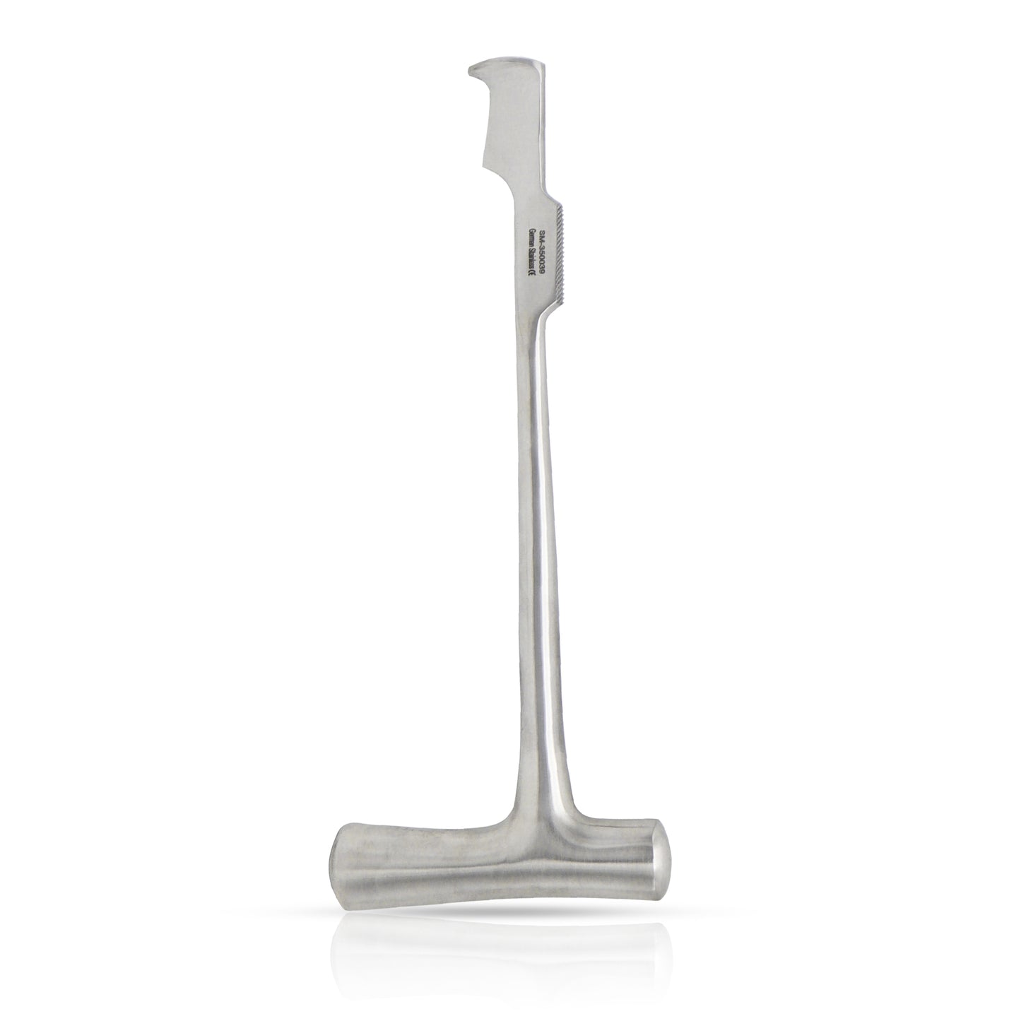 Lebsche sternum knife with a curved blade and T-handle isolated on a white background.