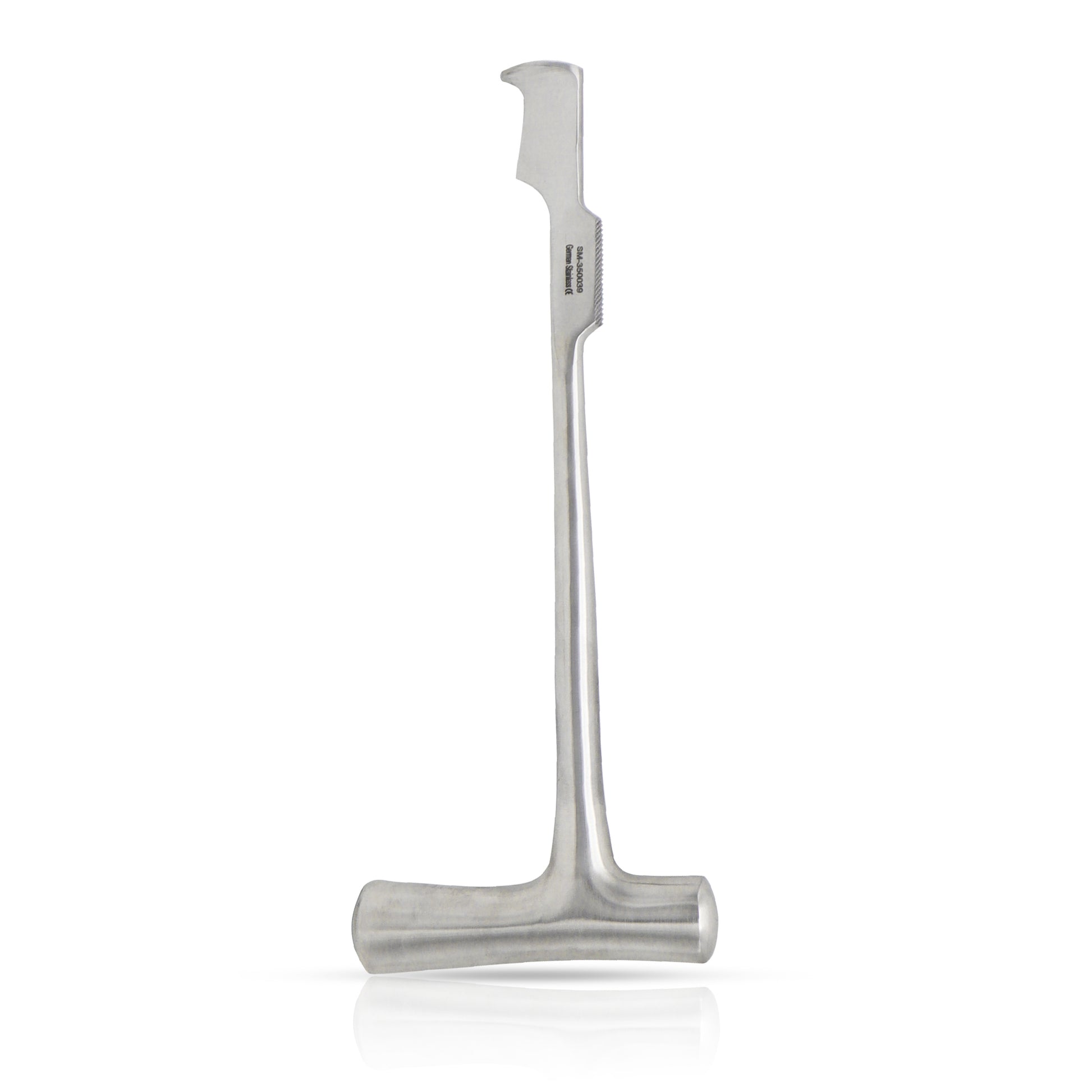 Lebsche sternum knife with a curved blade and T-handle isolated on a white background.