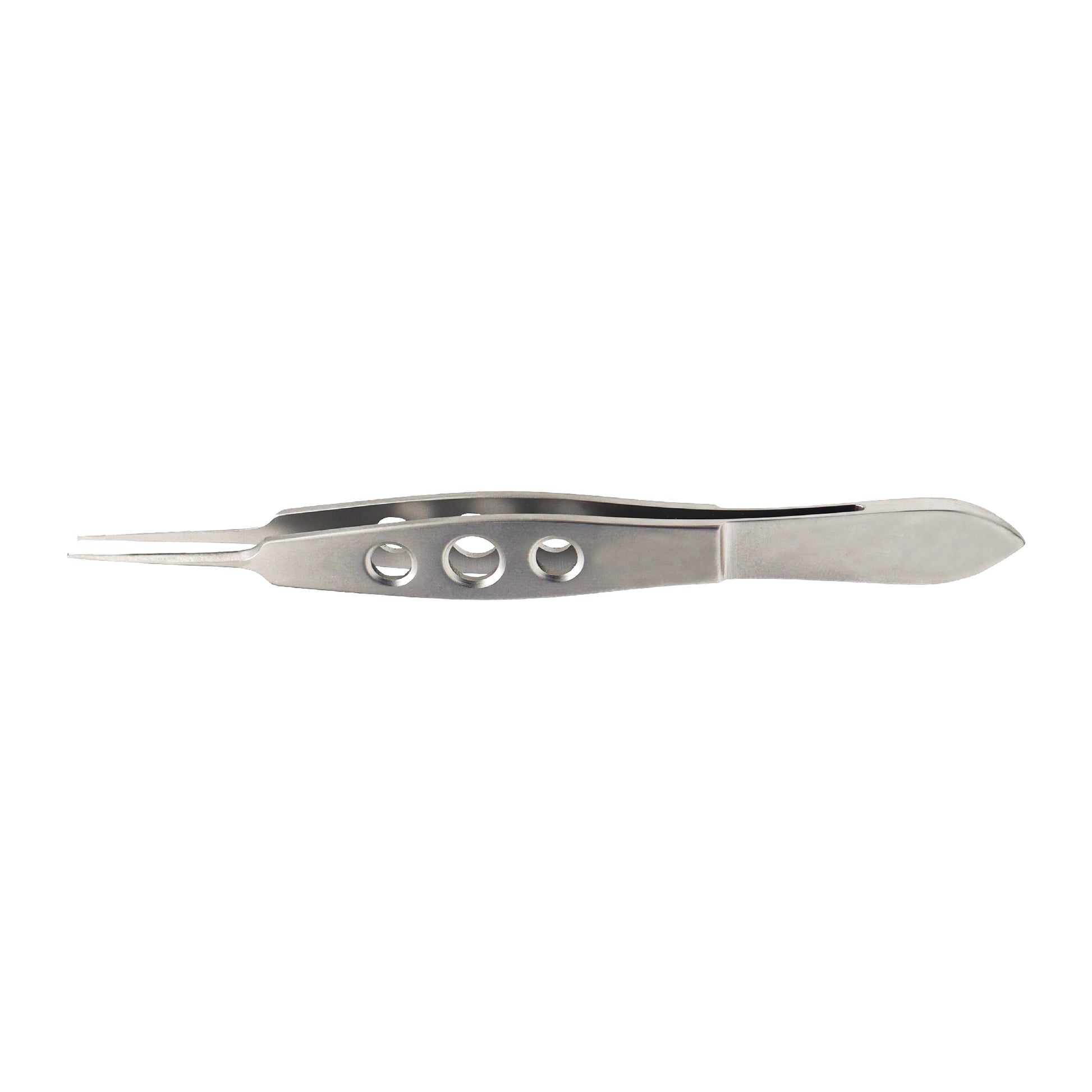 A silver-colored Lehner Capsulorhexis Forceps with curved delicate grasping tips.