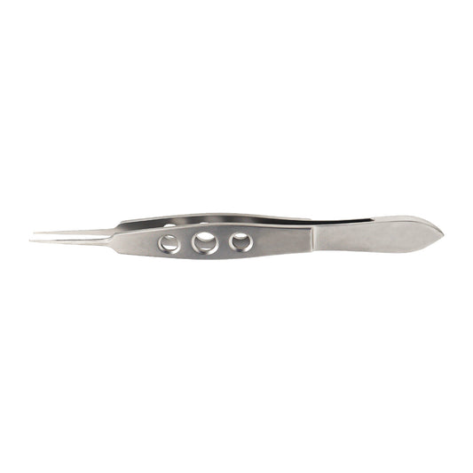 A silver-colored Lehner Capsulorhexis Forceps with curved delicate grasping tips.