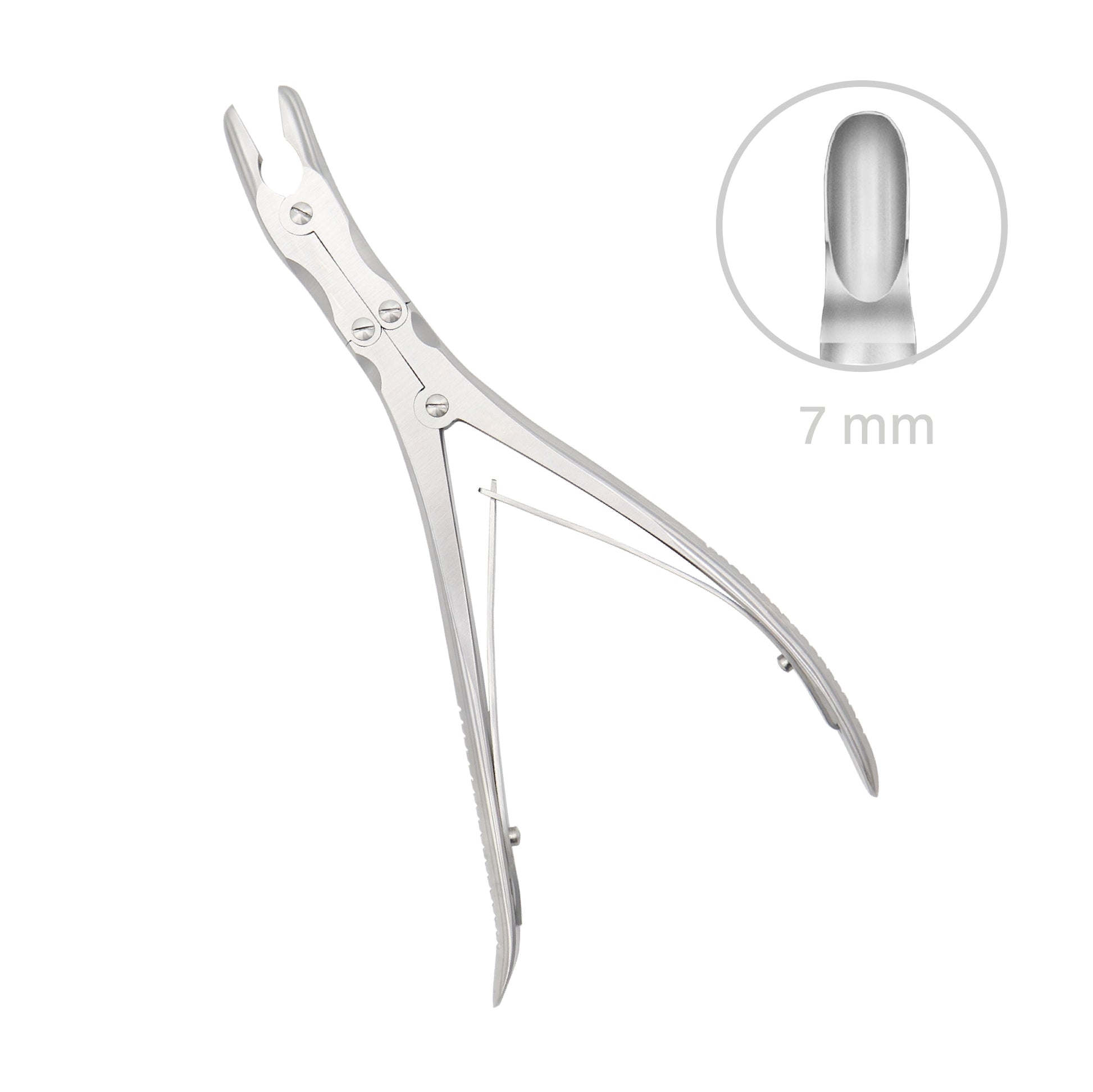 Leksell Stille Rongeur with 7mm curved jaw, double-action compound joint, and stainless steel handles for orthopedic and spinal surgery.