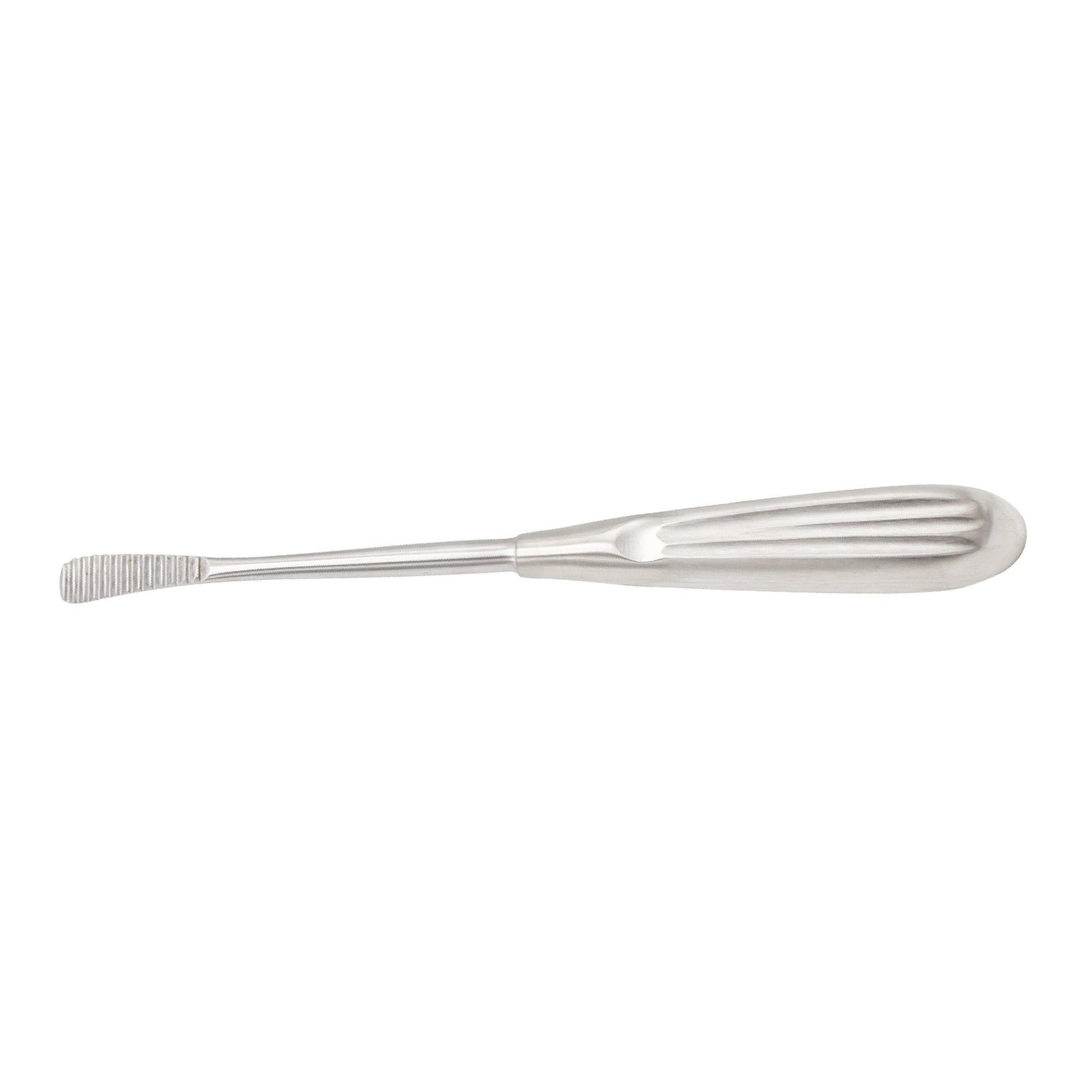 Stainless steel Lewis nasal rasp surgical instrument with a fluted ergonomic handle and a textured, serrated straight filing tip on a solid white background.