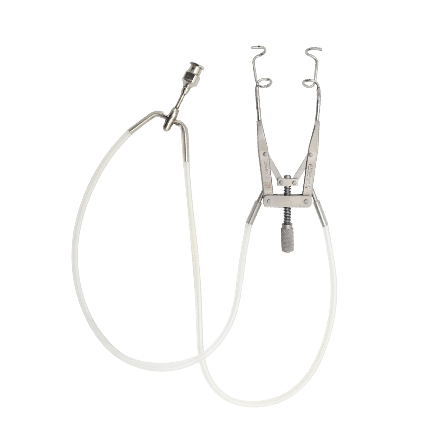 A Lieberman aspirating eye speculum with adjustable stainless steel wire blades and attached silicone suction tubing for fluid removal during ophthalmic surgery.