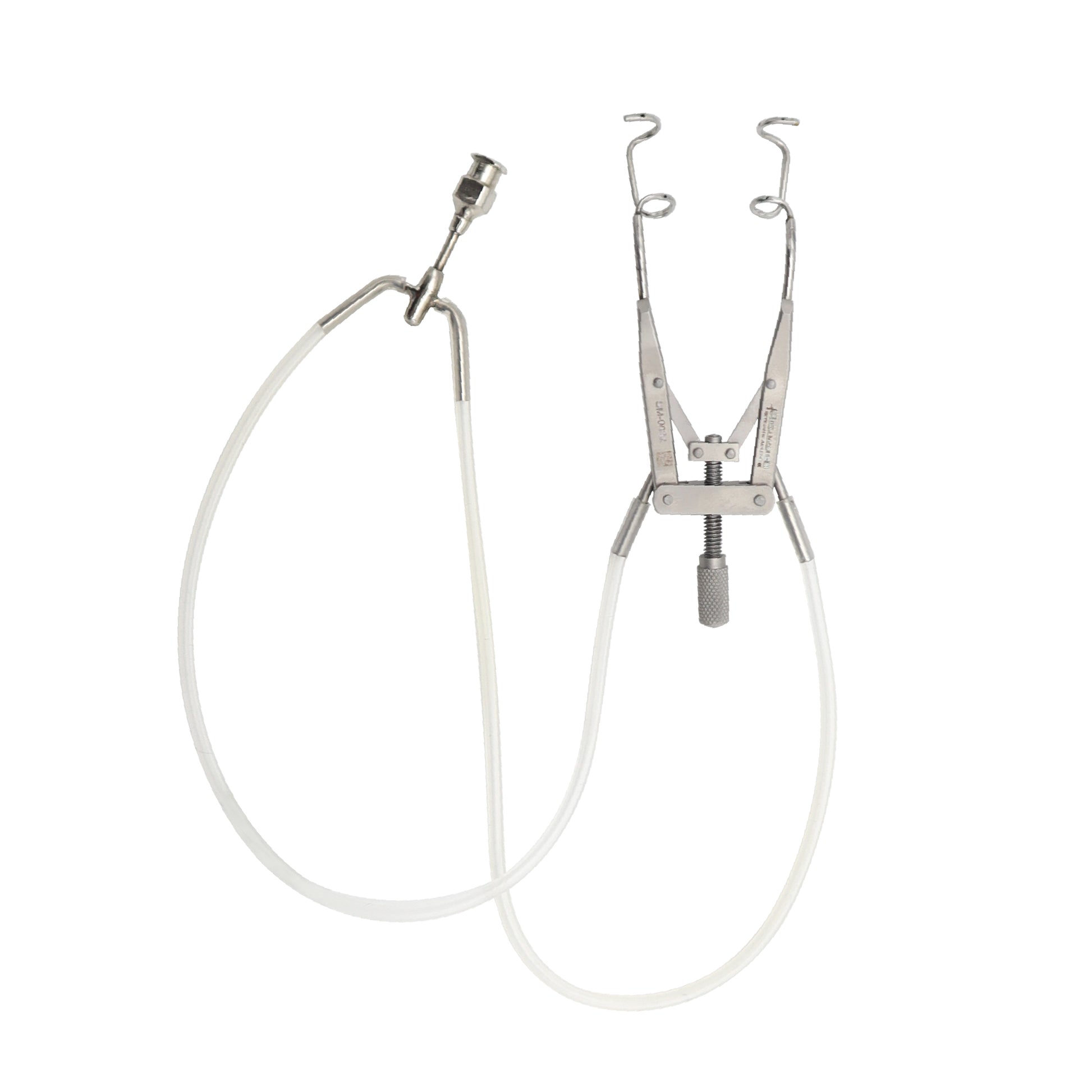 A Lieberman aspirating eye speculum with adjustable stainless steel wire blades and attached silicone suction tubing for fluid removal during ophthalmic surgery.