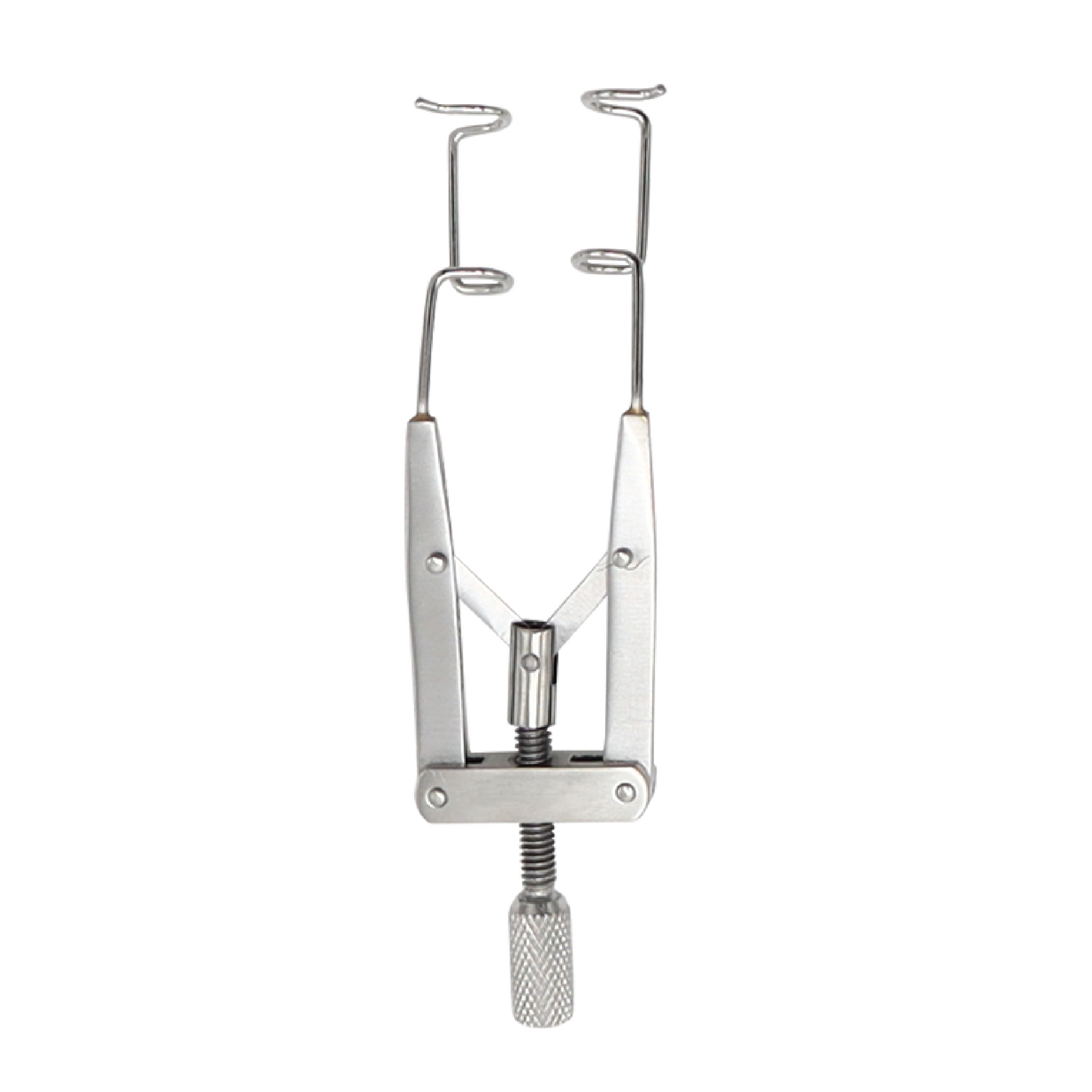 A stainless steel Lieberman eye speculum with an adjustable K-wire design and a knurled thumb screw mechanism, used for retracting eyelids during surgery.