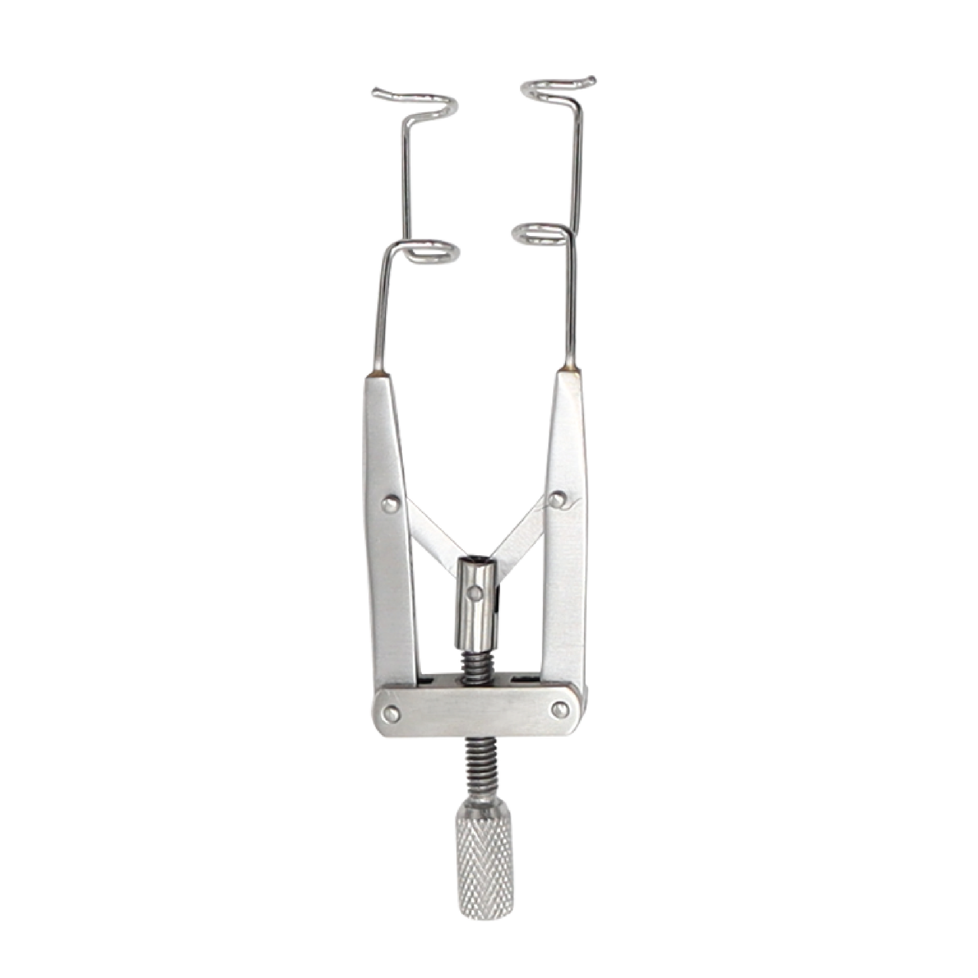 A stainless steel Lieberman eye speculum with an adjustable K-wire design and a knurled thumb screw mechanism, used for retracting eyelids during surgery.