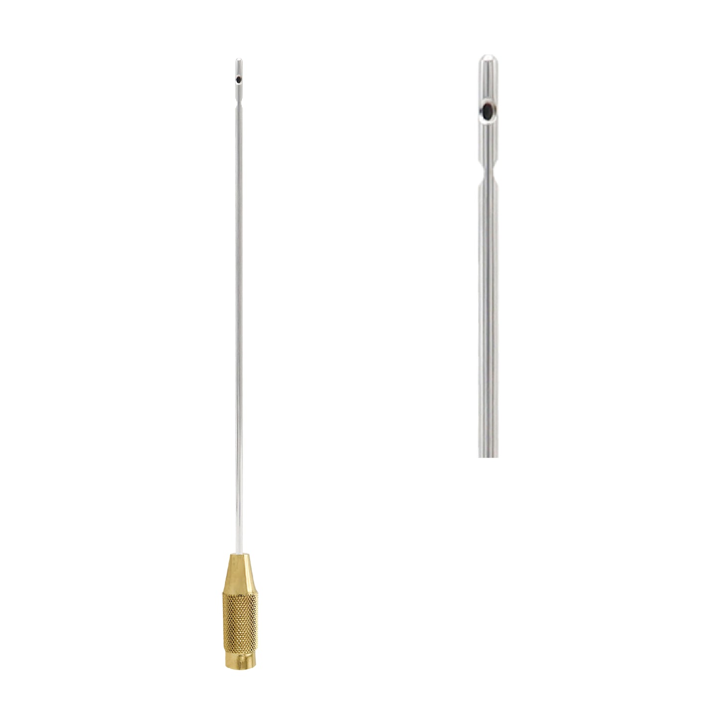 A medical-grade liposuction cannula with a long, thin stainless steel tube and a knurled gold-colored handle, featuring a close-up of the aspiration tip on a white background.