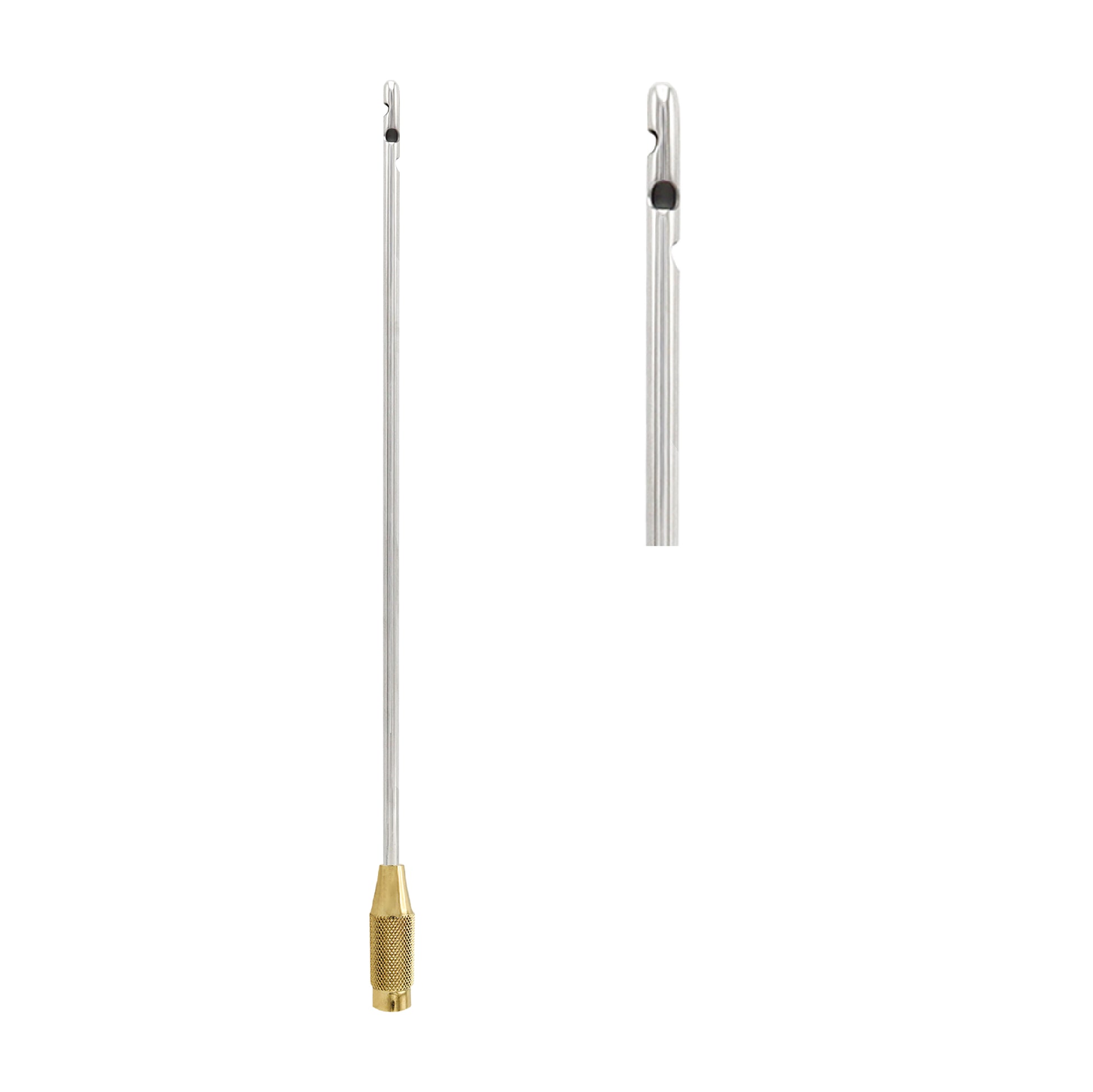 A high-quality surgical liposuction cannula featuring a stainless steel shaft with a blunt three-port diagonal tip and a knurled gold-plated threaded connector handle.