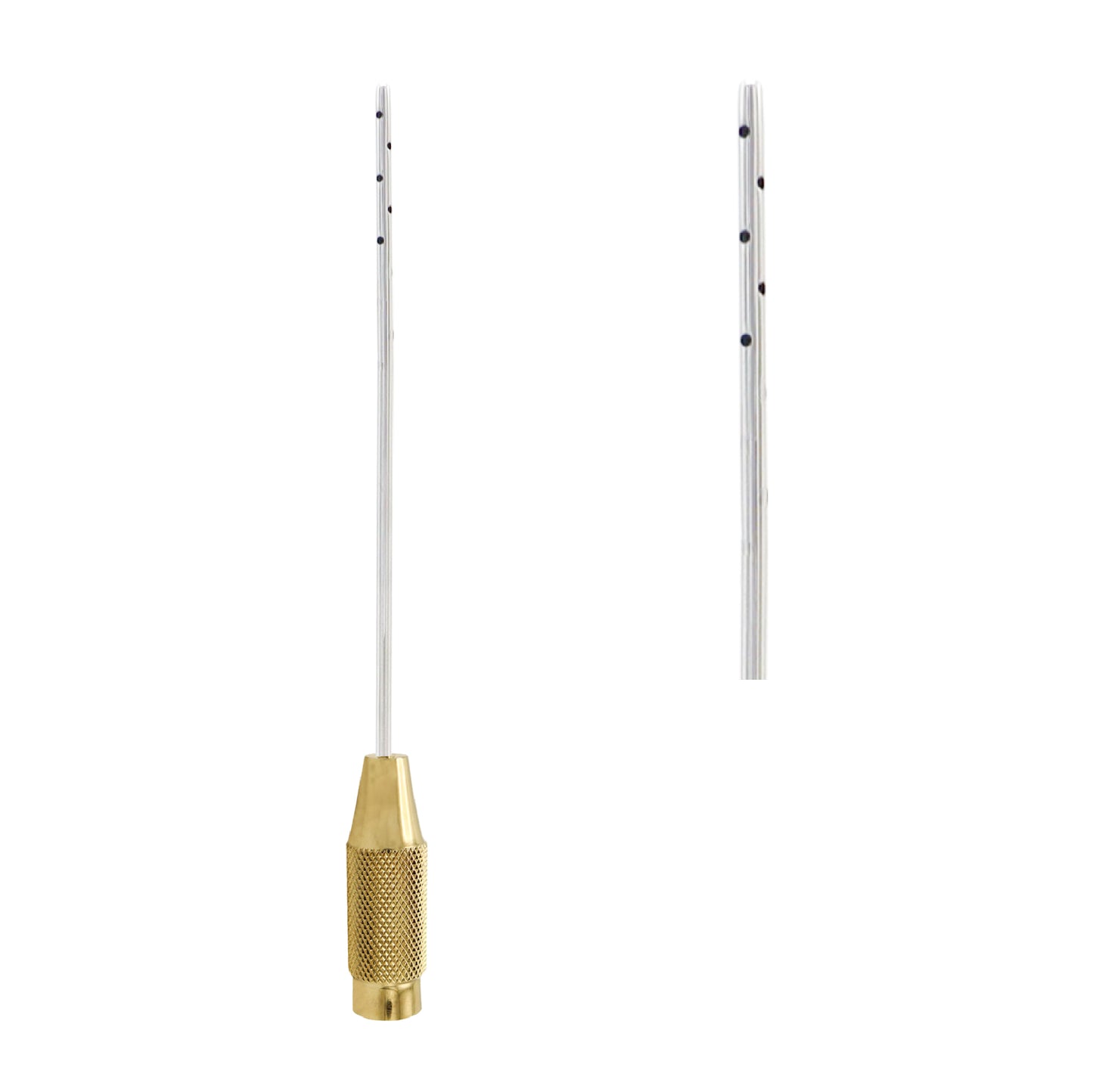 Stainless steel liposuction cannula with a knurled gold-plated handle and multiple suction ports along the tip.