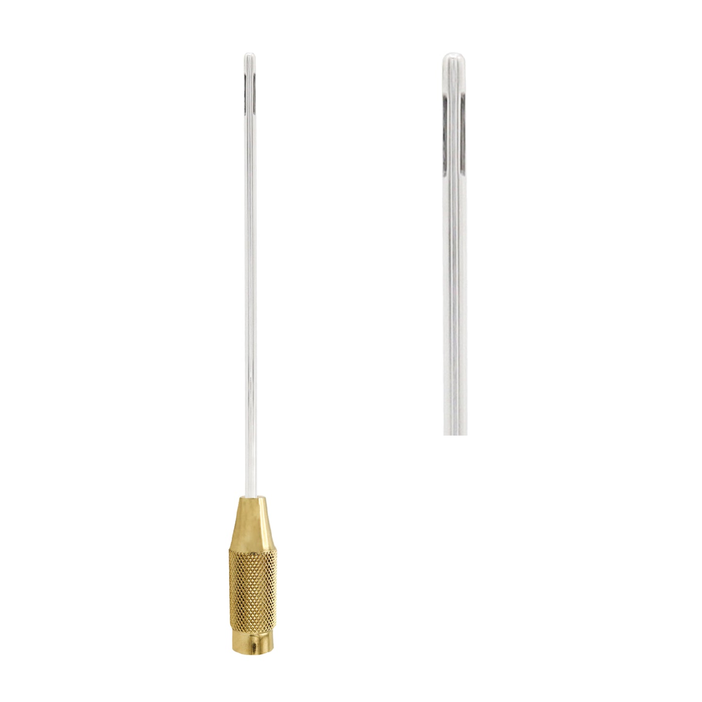 A professional-grade stainless steel liposuction cannula featuring a long, thin tube with three lateral suction ports at the tip and a textured, knurled gold-plated handle for a secure grip.