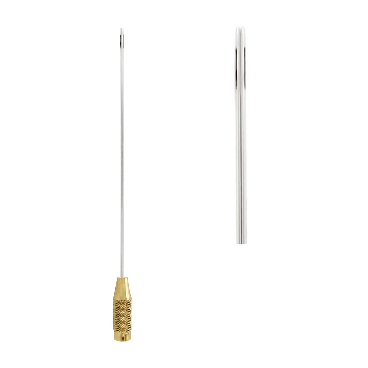 A stainless steel liposuction cannula with a knurled gold-plated handle, shown alongside a close-up view of its multi-port suction tip against a white background.