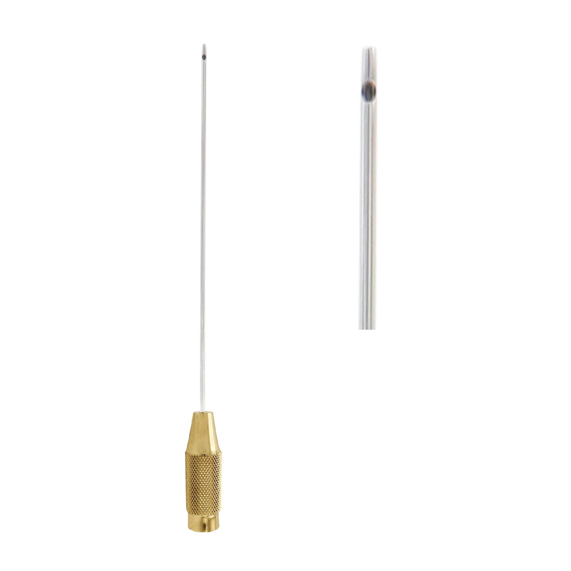 Medical-grade stainless steel liposuction cannula with a knurled brass handle and a single central port tip for fat extraction.