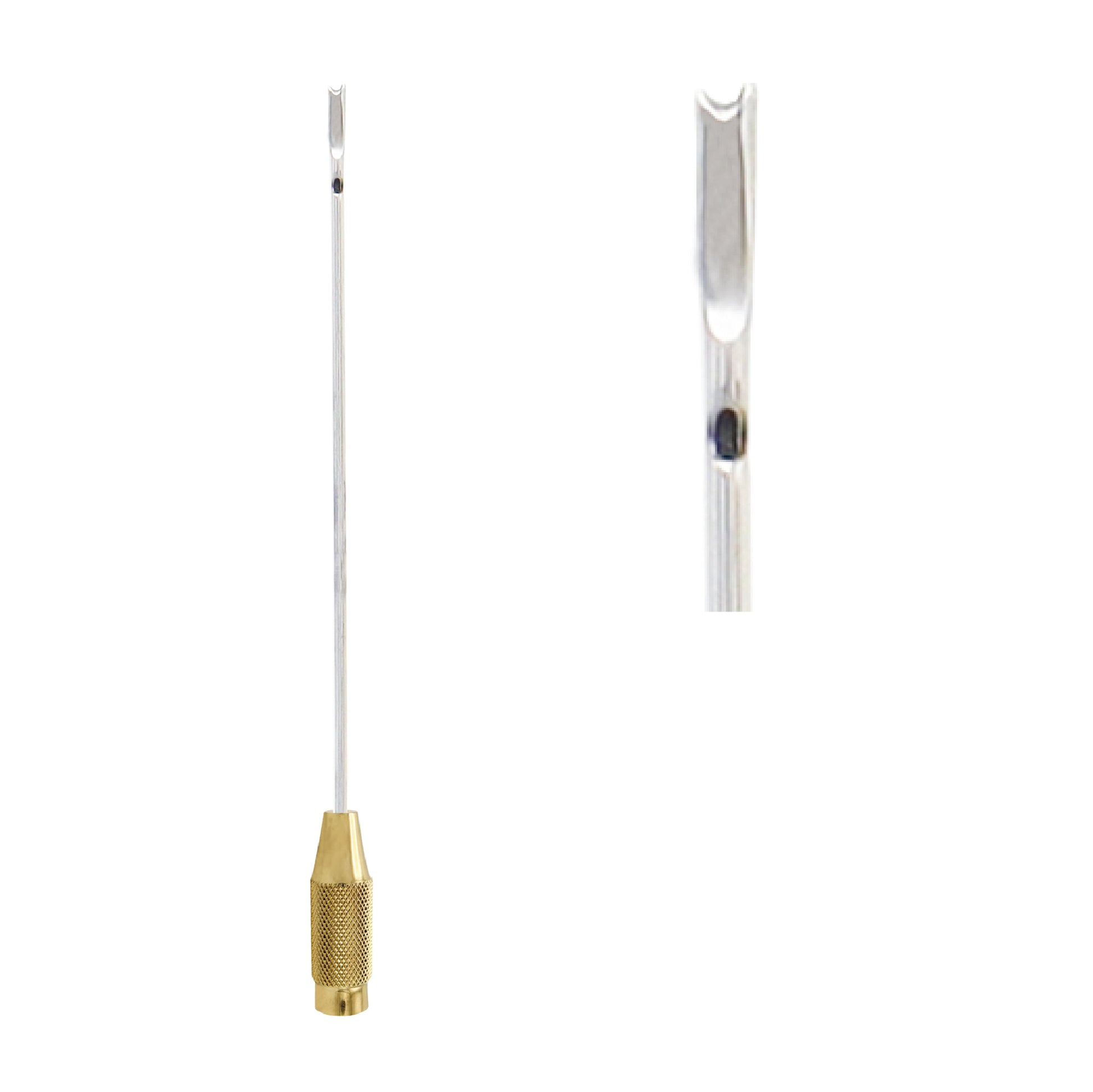 Medical-grade stainless steel liposuction cannula featuring a single central suction hole and a textured gold-tone handle for precision fat extraction.