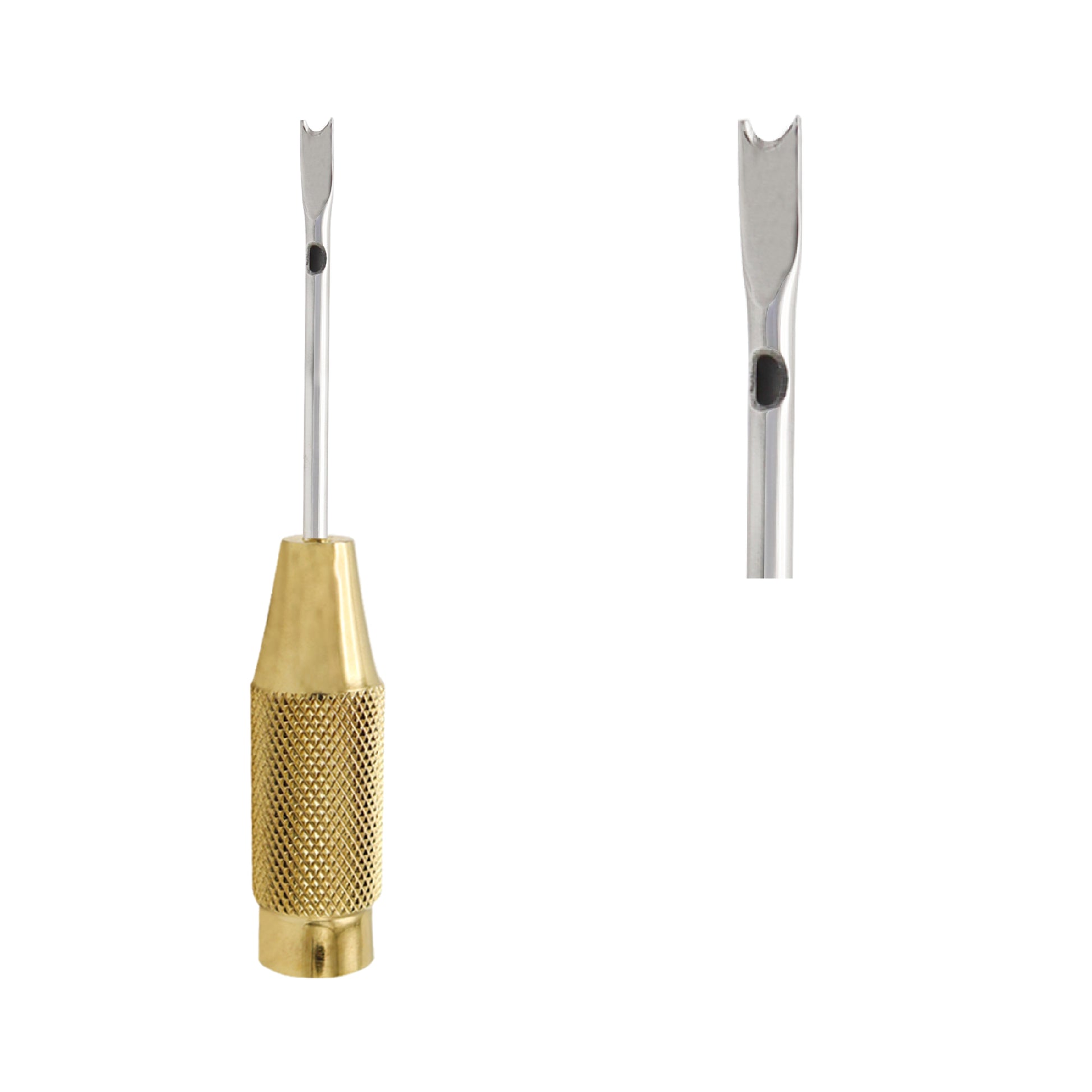 A surgical liposuction cannula featuring a stainless steel shaft with a single suction port and a fork-shaped "duckbill" tip, attached to a gold-toned, knurled threaded base for precision fat harvesting and body contouring.