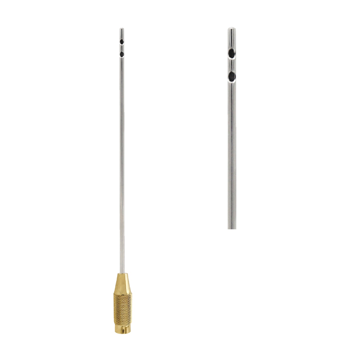 A medical liposuction cannula with a long, thin stainless steel shaft featuring two aspiration ports near the blunt tip and a knurled gold-colored handle at the base.