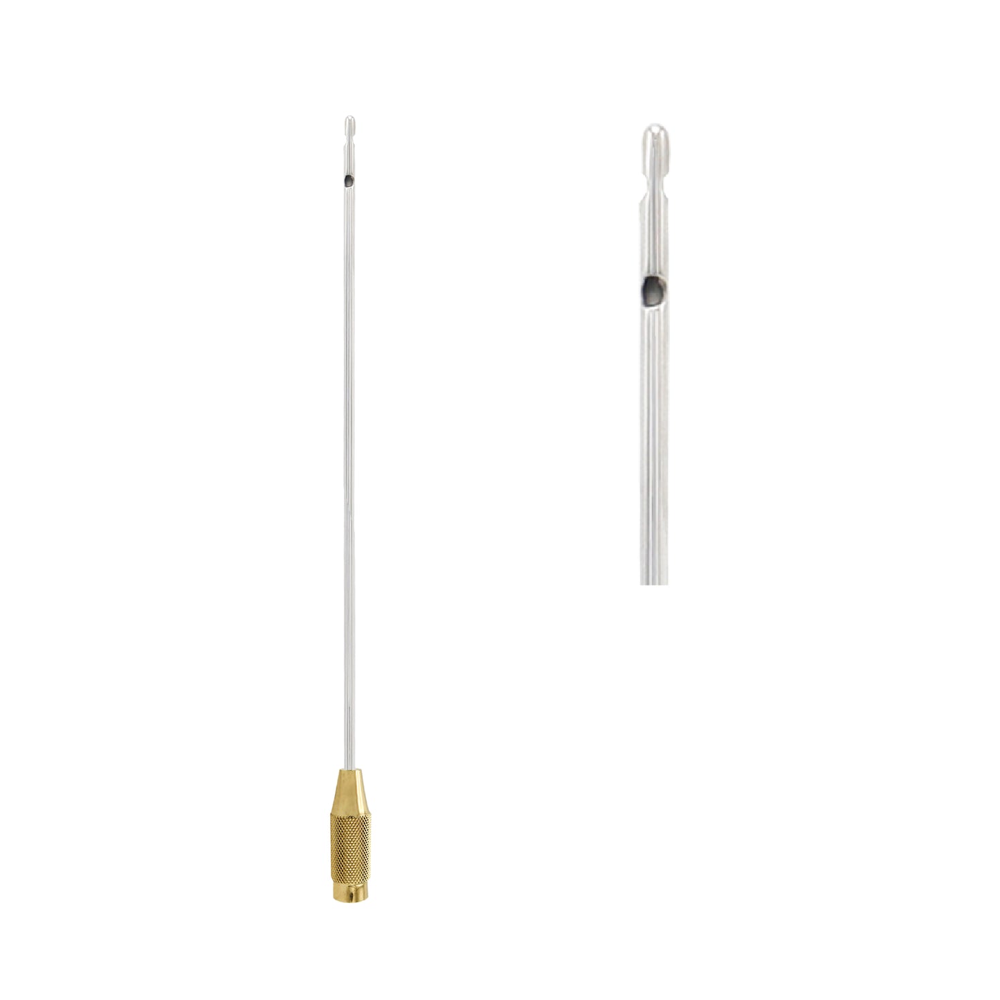 A long, slender stainless steel liposuction cannula with a single port near the tip and a textured gold handle, shown against a plain white background with a close-up detail of the tip.