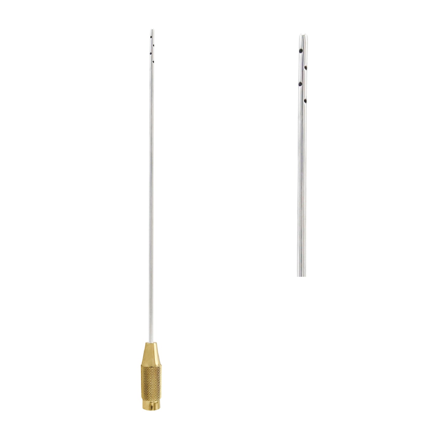 Professional stainless steel liposuction cannula with multiple lateral ports and a textured gold-tone brass handle for surgical fat removal and body contouring.