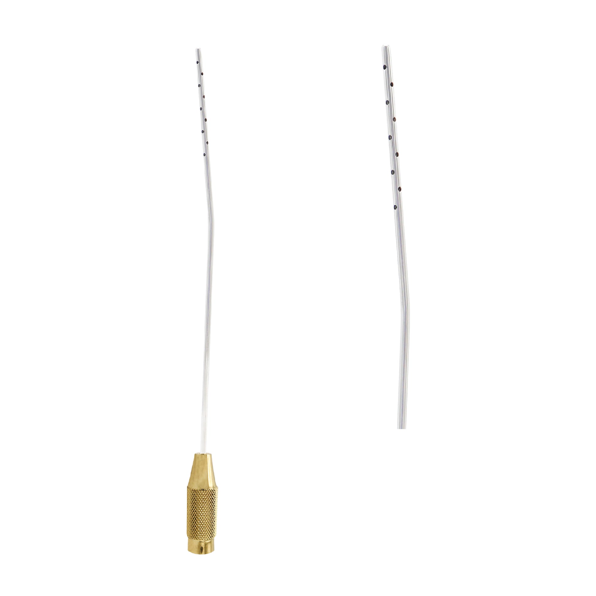 A silver surgical liposuction cannula featuring a brass-colored textured handle and multiple aspiration ports along the curved tip, used for fat removal procedures.
