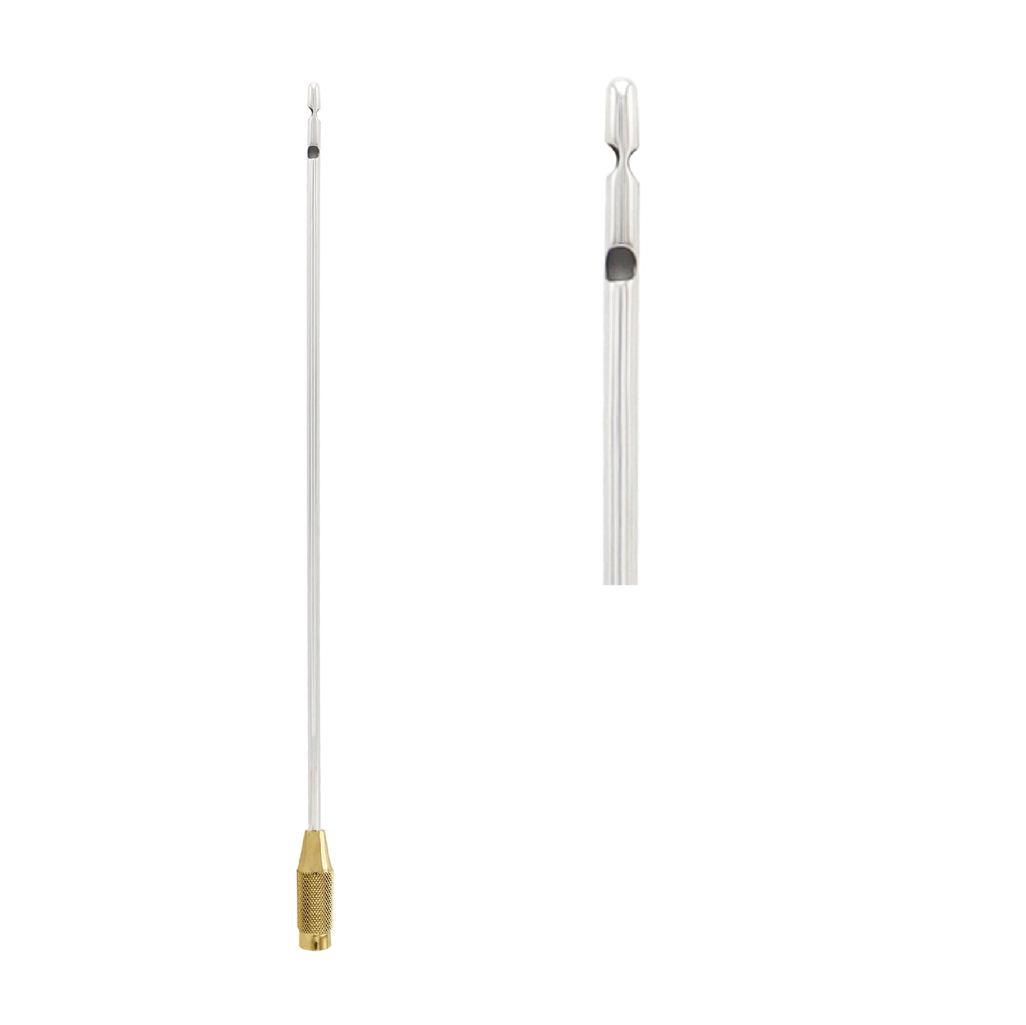 A medical-grade stainless steel liposuction cannula showing its long, slender shaft and a textured gold-plated handle, alongside a detailed close-up of its multi-port tip.