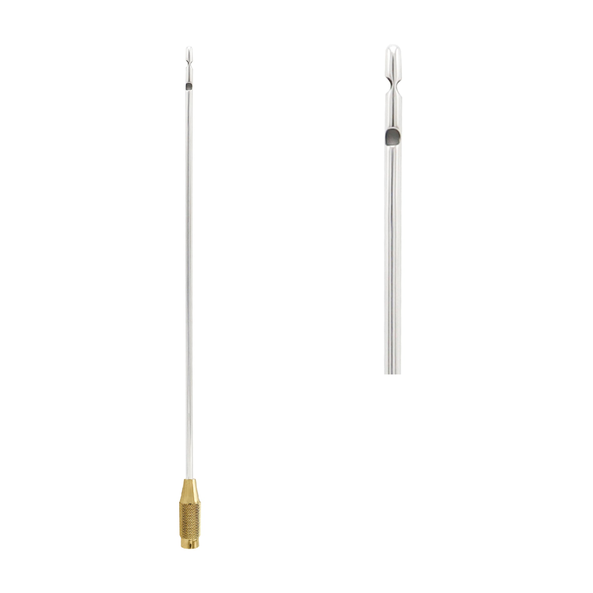 A long, thin stainless steel liposuction cannula with a blunt tip featuring side suction ports and a textured gold-plated threaded handle at the base.