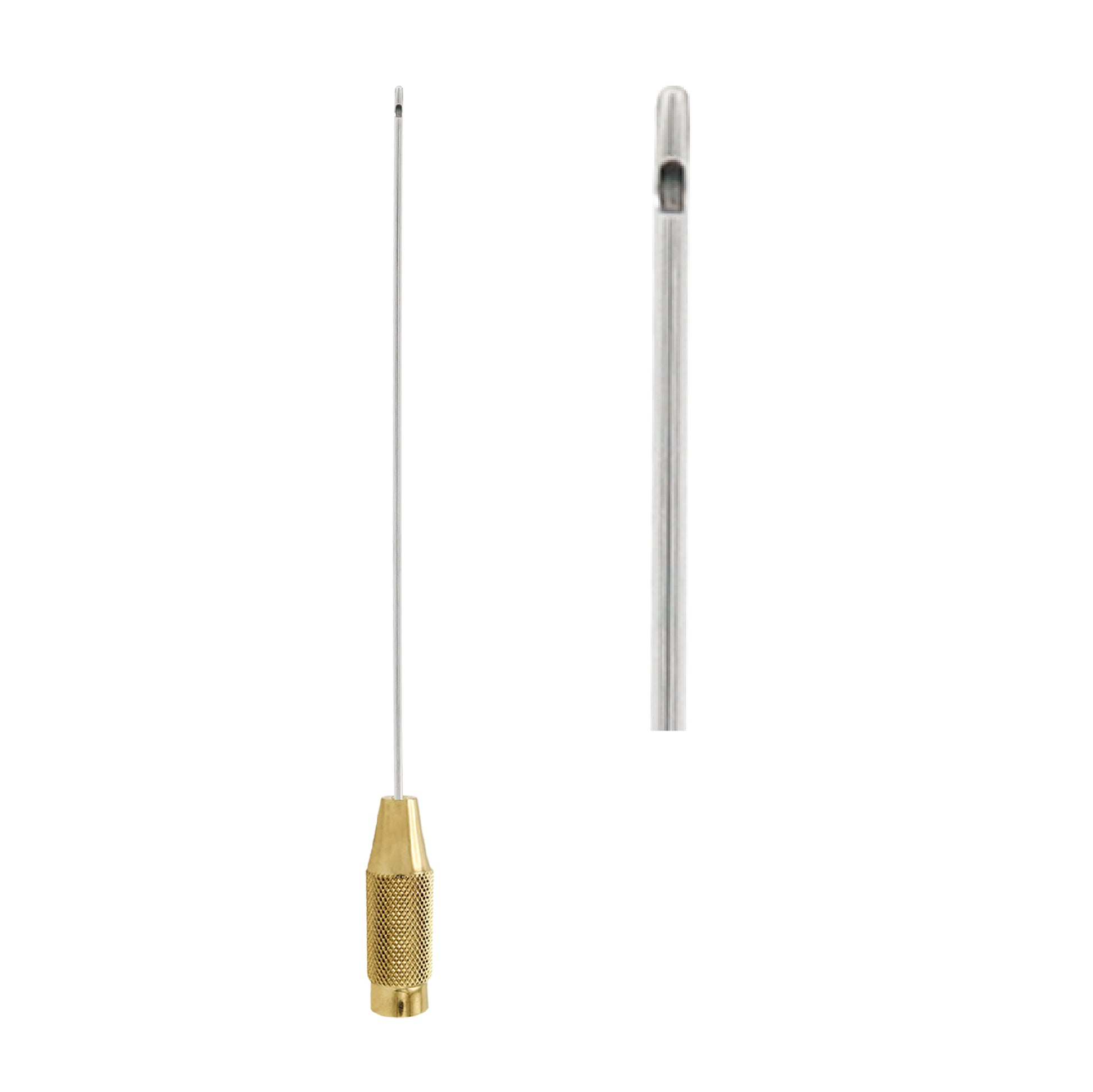 A medical-grade liposuction cannula with a long, thin stainless steel shaft connected to a textured, gold-colored knurled handle. The image includes a separate, magnified view of the cannula's tip, showing a small lateral opening (hole) designed for fat aspiration.