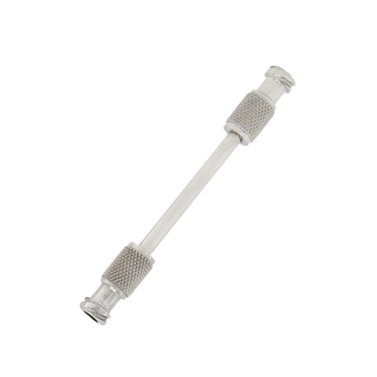 Stainless steel liposuction fat transfer adapter with knurled grips and Luer Lock connections on both ends, isolated on a white background.